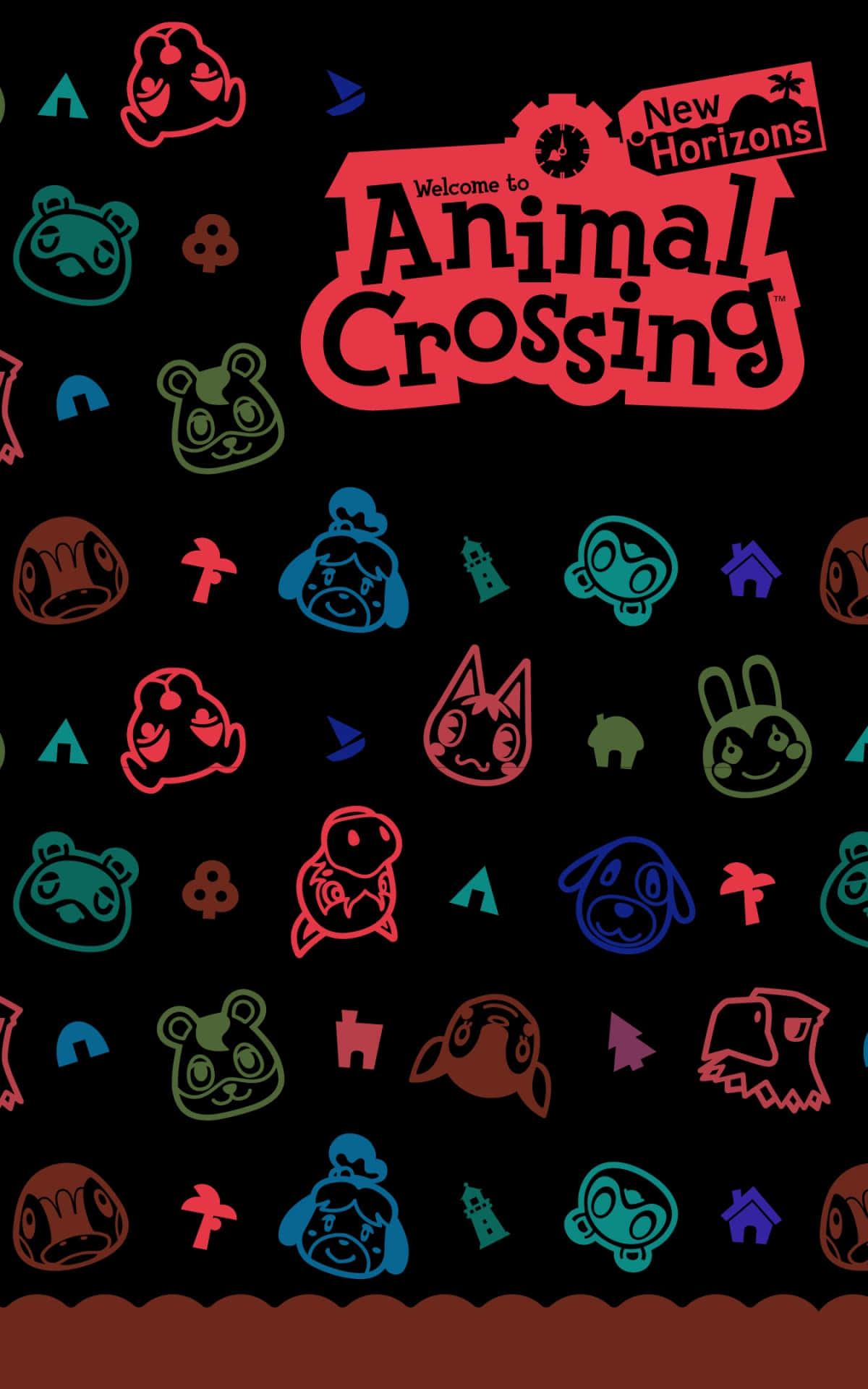  壁紙 — 色彩鮮豔的霓虹色Animal Crossing角色和圖示漂浮在黑色背景上，並帶有紅色的「Welcome to Animal Crossing New Horizons」標題。