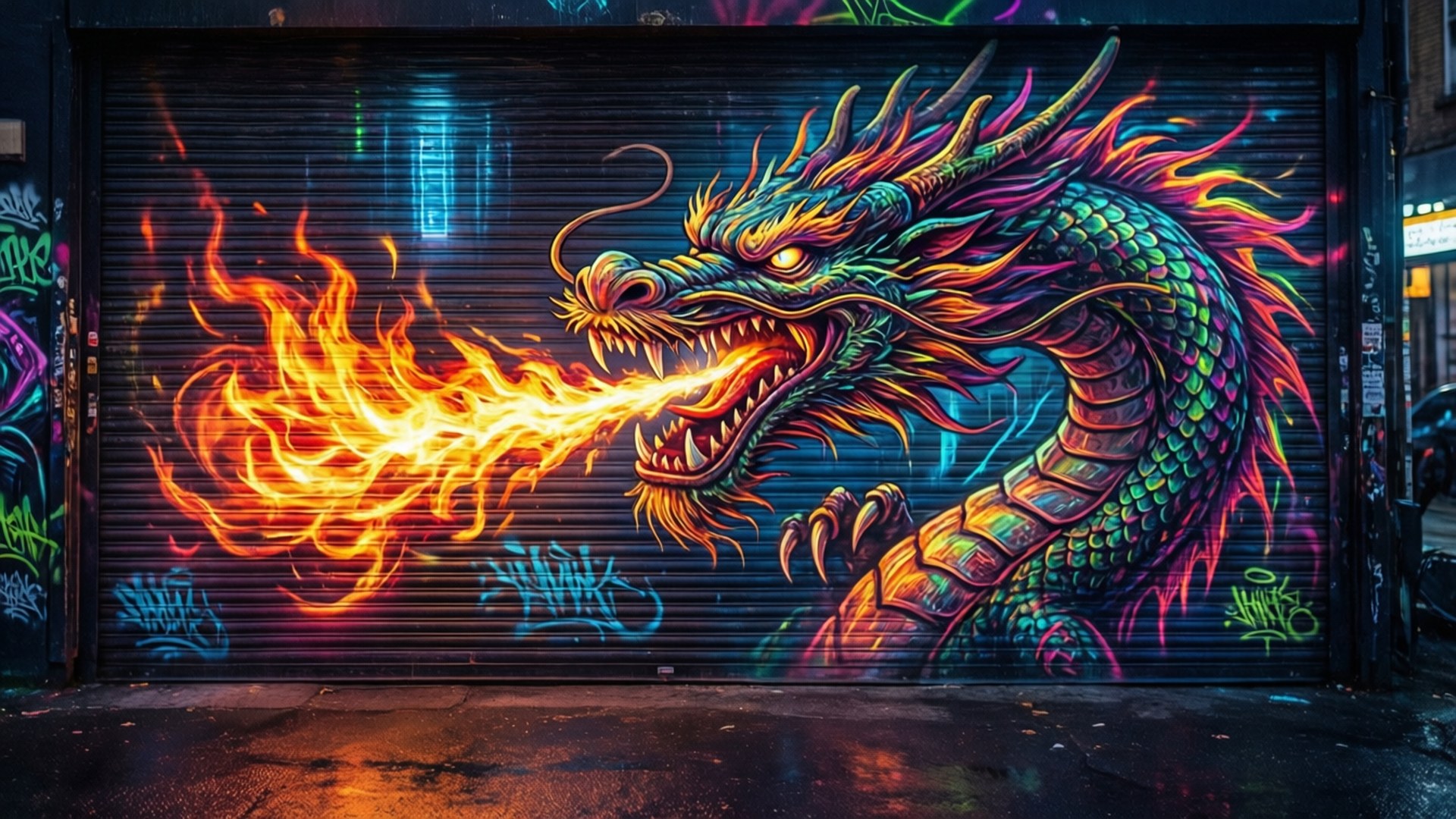 街頭藝術 桌布 壁紙 — 一條充滿活力的霓虹龍在塗鴉覆蓋的小巷中，向黑暗的城市車庫門噴出熾熱的橙色火焰。