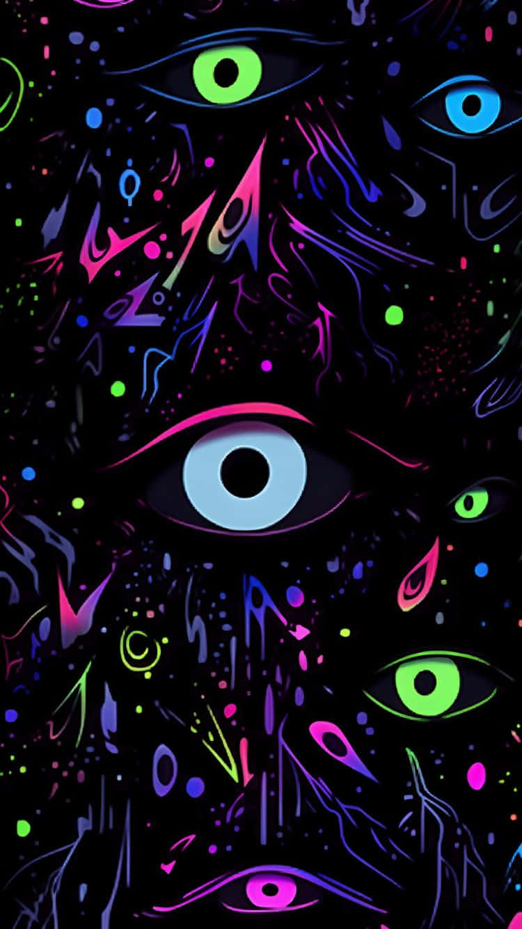 壁紙 — 充滿活力的霓虹眼睛在黑暗的宇宙背景下發光，帶有抽象的發光圖案和飛濺。