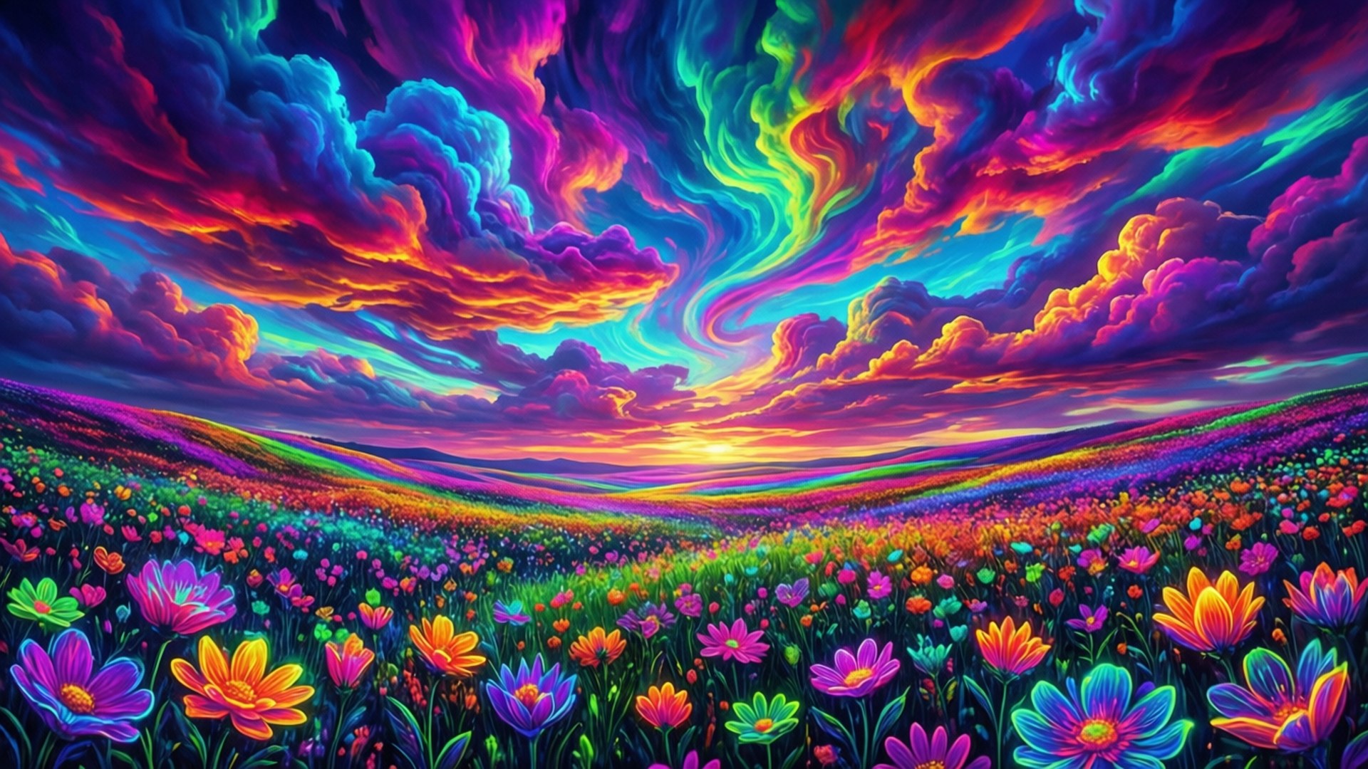 桌布 壁紙 — 在日落時分，旋轉的迷幻天空下，起伏的田野上盛開著鮮豔的霓虹花朵。