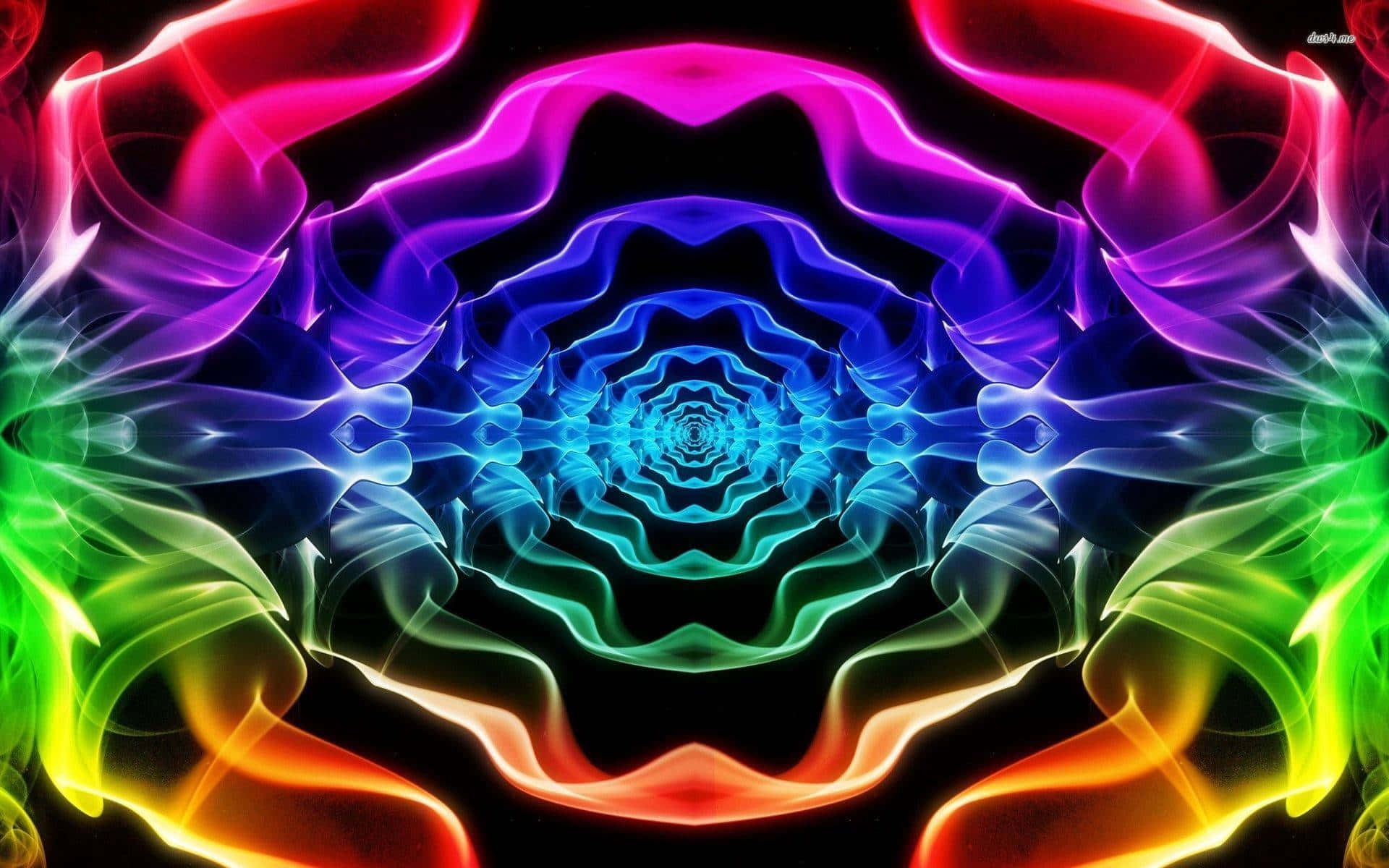  壁紙 — 充滿活力的霓虹分形波紋在黑色虛空中向內螺旋，營造出迷人的迷幻隧道效果。