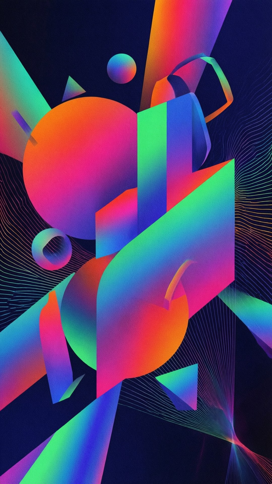 Album Abstract Art 壁紙 — 充滿活力的霓虹幾何形狀在黑暗背景上動態漂浮，帶有發光線條。