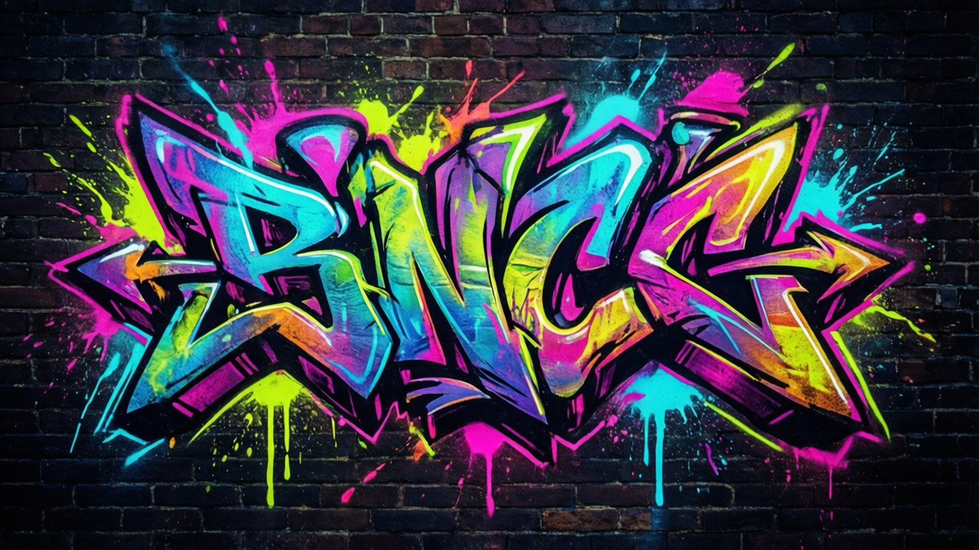 Street Art Graffiti 壁紙 — 充滿活力的霓虹塗鴉字母拼出「BNGS」，在深色磚牆上迸發出飛濺和滴落的效果。