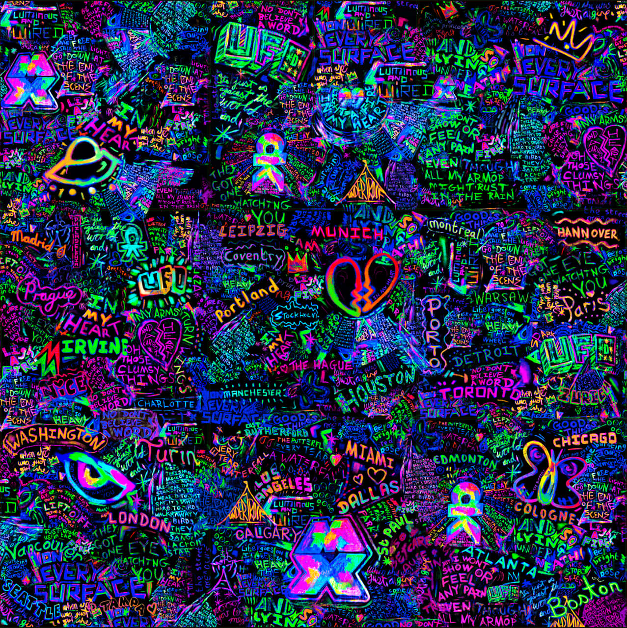 Neon Graffiti 桌布 壁紙 — 充滿電光紫、綠、藍色的城市名稱、心形、符號和短語的鮮豔霓虹塗鴉風格拼貼畫。