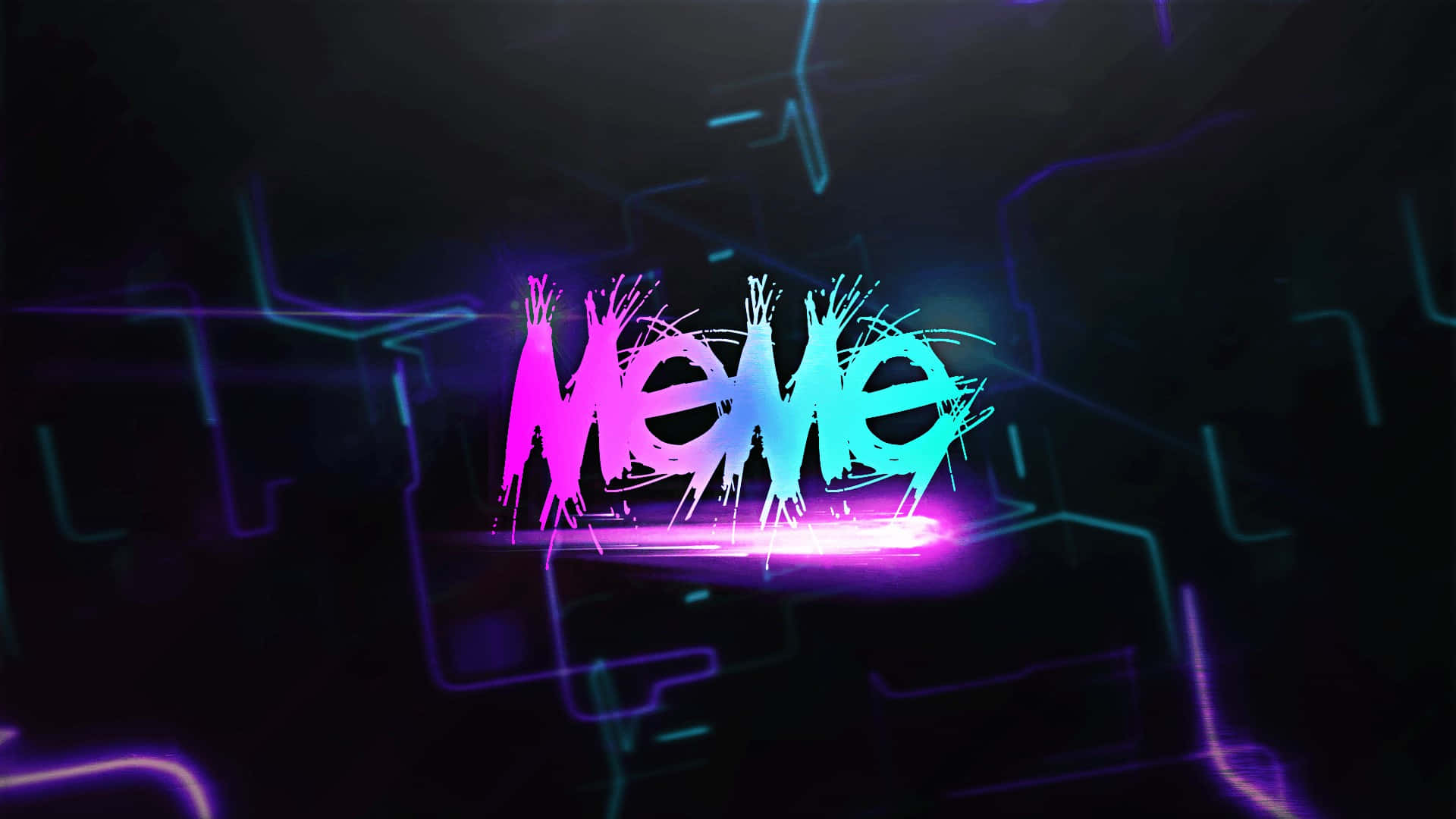  壁紙 — 充滿活力的霓虹塗鴉文字「Meme」在帶有電光紫和青色的深色數位電路背景上發光。