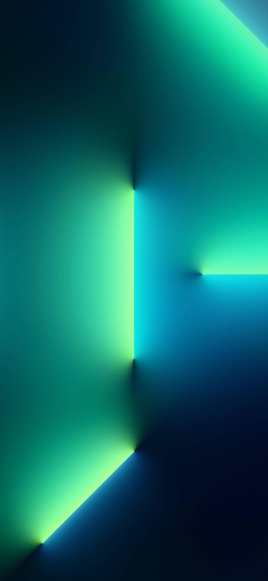抽象數位藝術，在黑暗的幾何空間中閃爍著霓虹綠和藍色光束。 — iPhone 13 壁紙