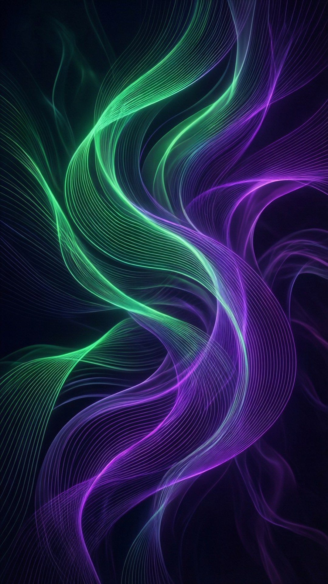 Neon Flow Lines 壁紙 — 充滿活力的霓虹綠和紫色發光線條在深黑色背景上動態旋轉。