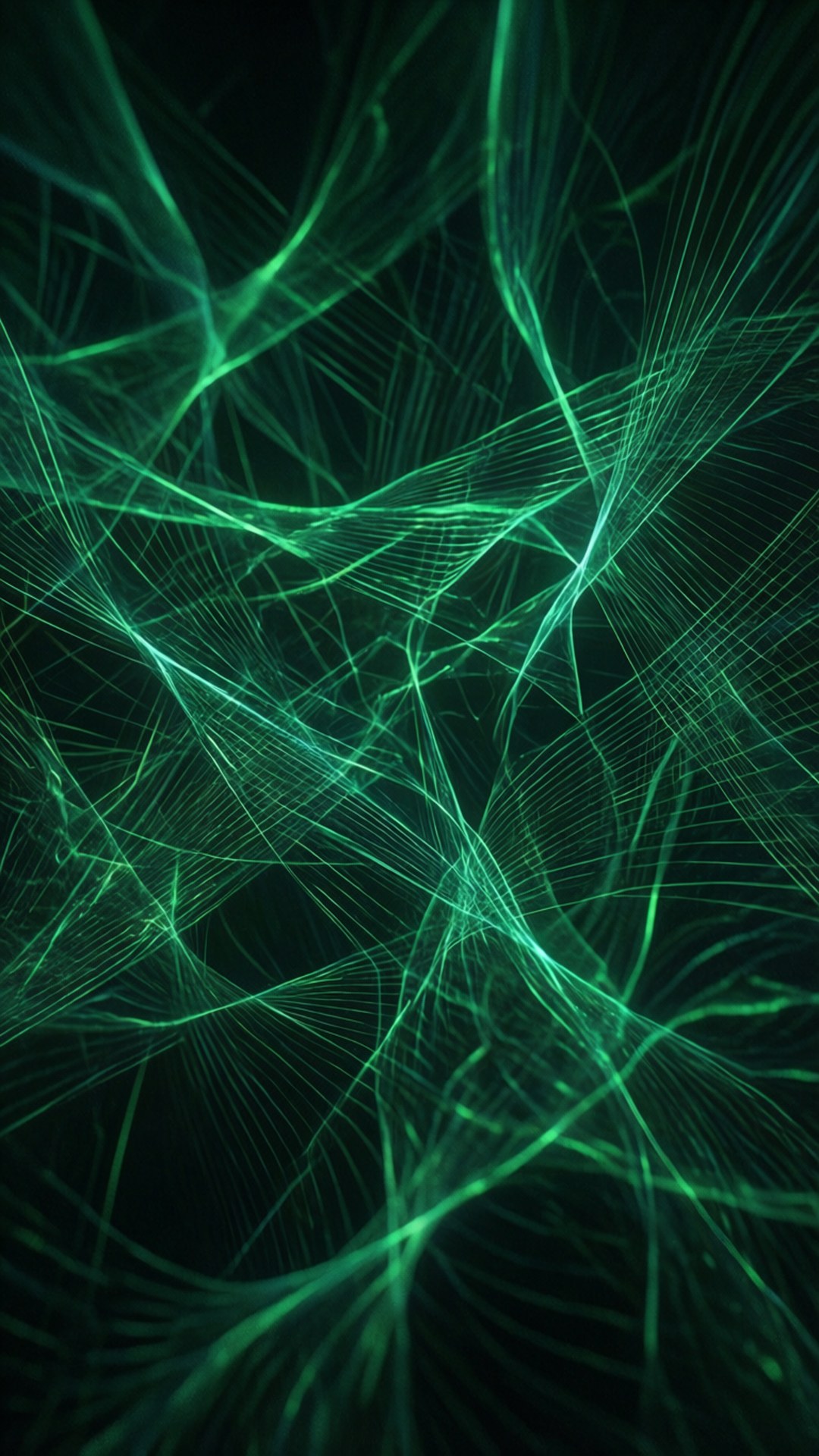 Glowing Network 壁紙 — 充滿活力的霓虹綠色發光線條在深黑色背景上動態編織成抽象數位圖案。