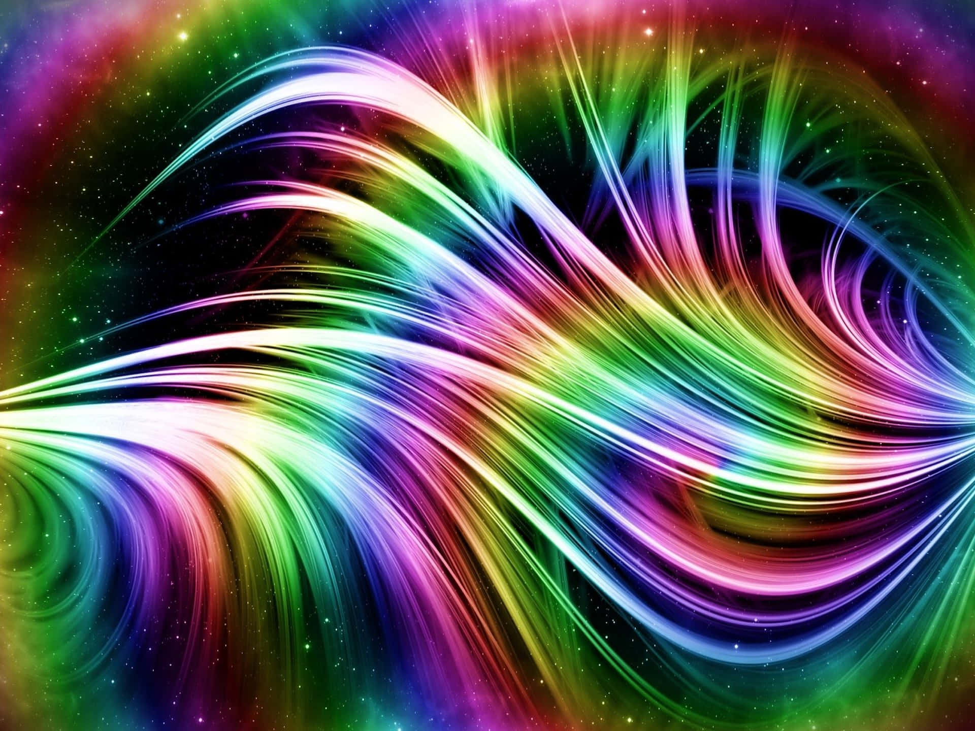  壁紙 — 充滿活力的霓虹燈軌跡在星光熠熠的宇宙背景下動態旋轉，形成令人眼花繚亂的數位藝術作品。