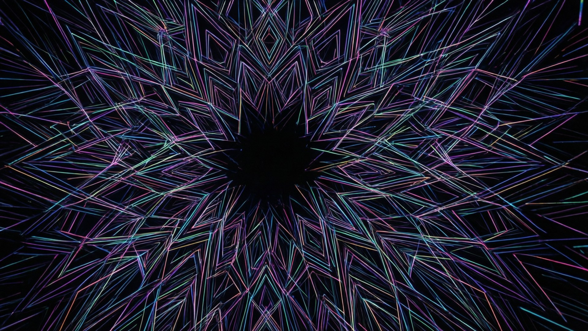 從中央虛空輻射出的發光霓虹線條形成的對稱幾何星爆圖案。 — Oled 壁紙