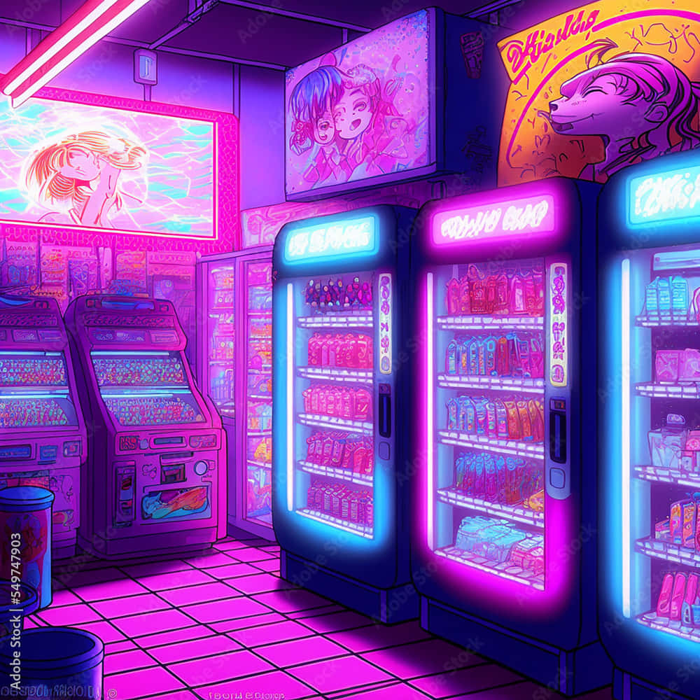  壁紙 — 充滿活力的霓虹燈遊戲機室，發光的自動販賣機和動漫海報投射出電紫色和粉紅色的色調。