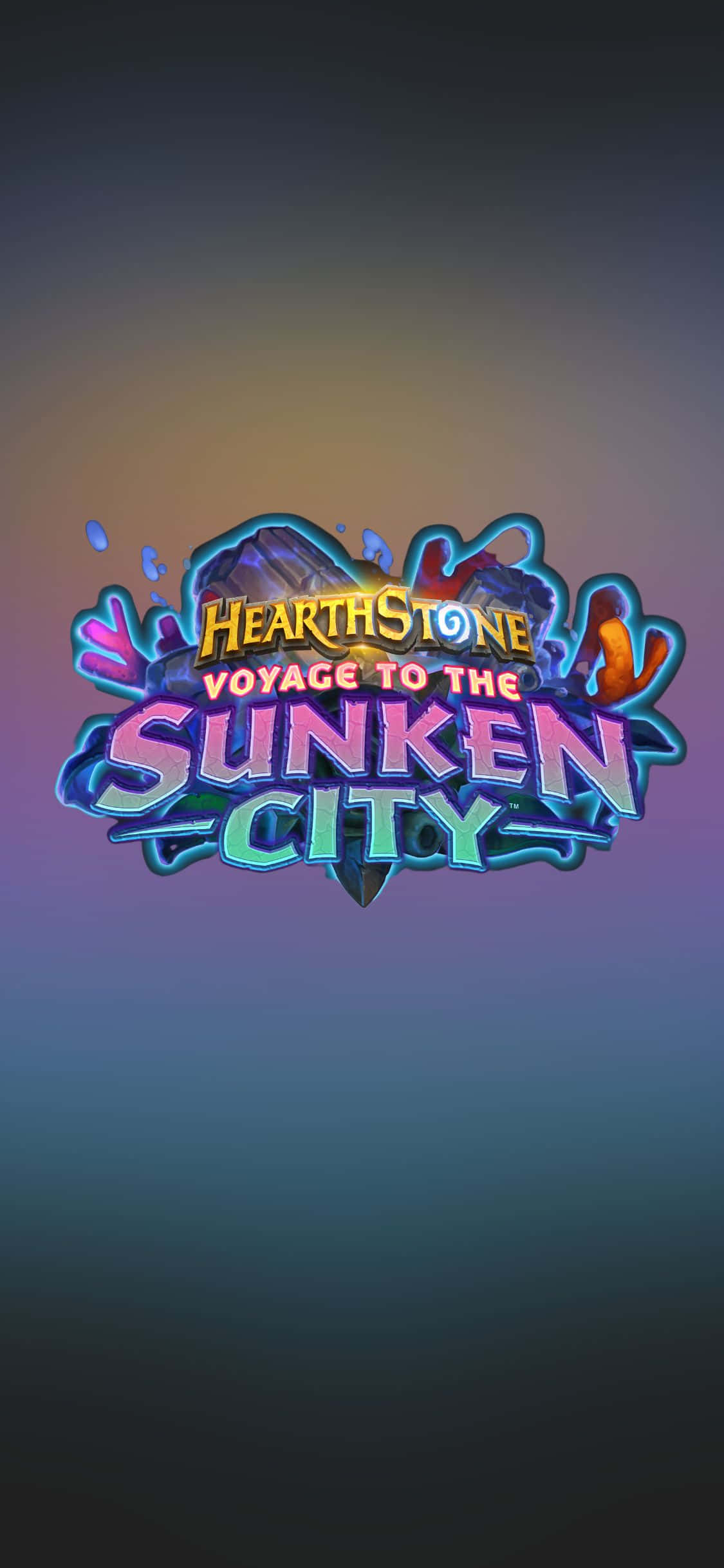 hearthstone phone 桌布 壁紙 — 《Hearthstone Voyage to the Sunken City》的鮮豔霓虹標誌在漸變暮色天空中發光。