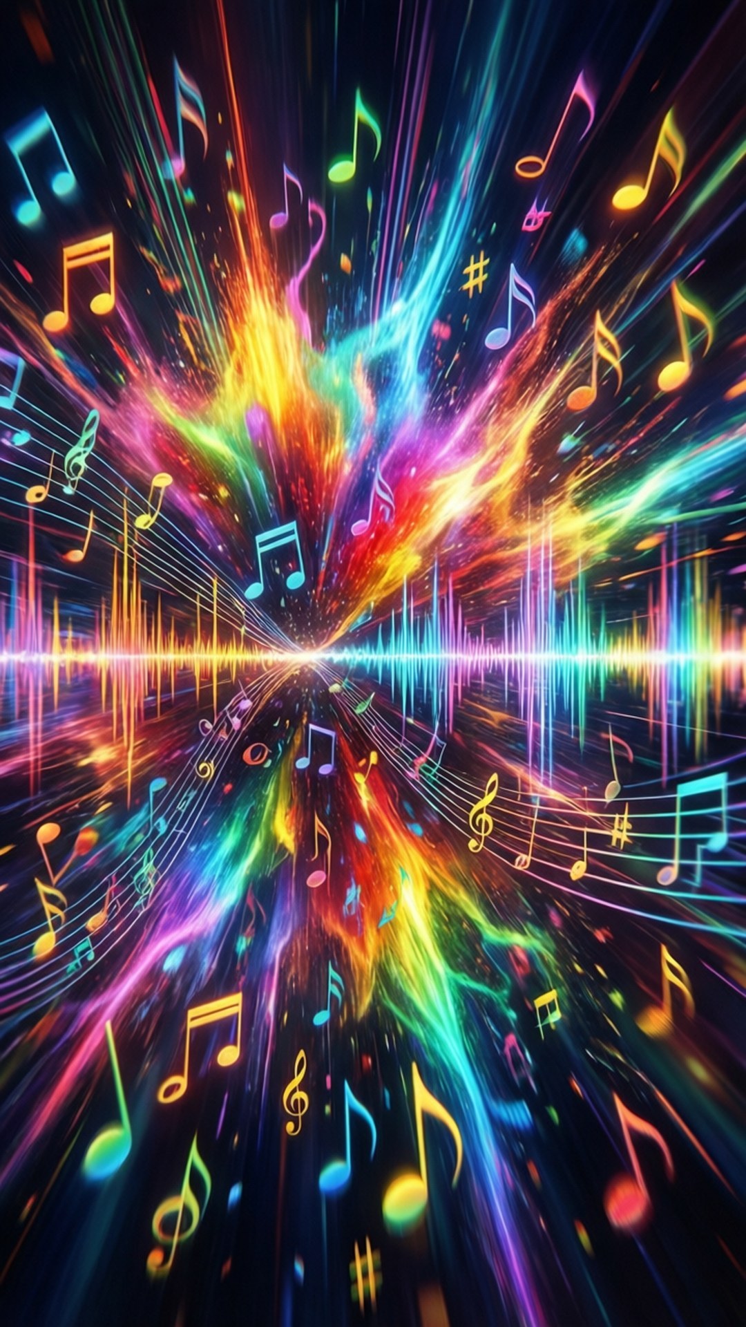 Frequency Burst 壁紙 — 充滿活力的霓虹音樂音符和聲波從電光色的宇宙隧道中的輻射中心爆發出來。
