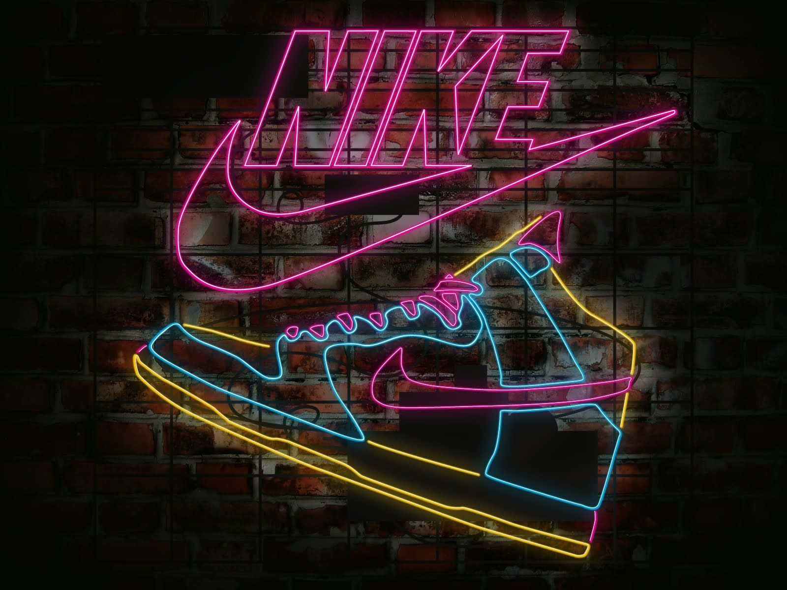 Neon Shoes 桌布 壁紙 — 充滿活力的螢光粉紅、藍色和黃色Nike標誌及運動鞋輪廓在深色磚牆上發光。
