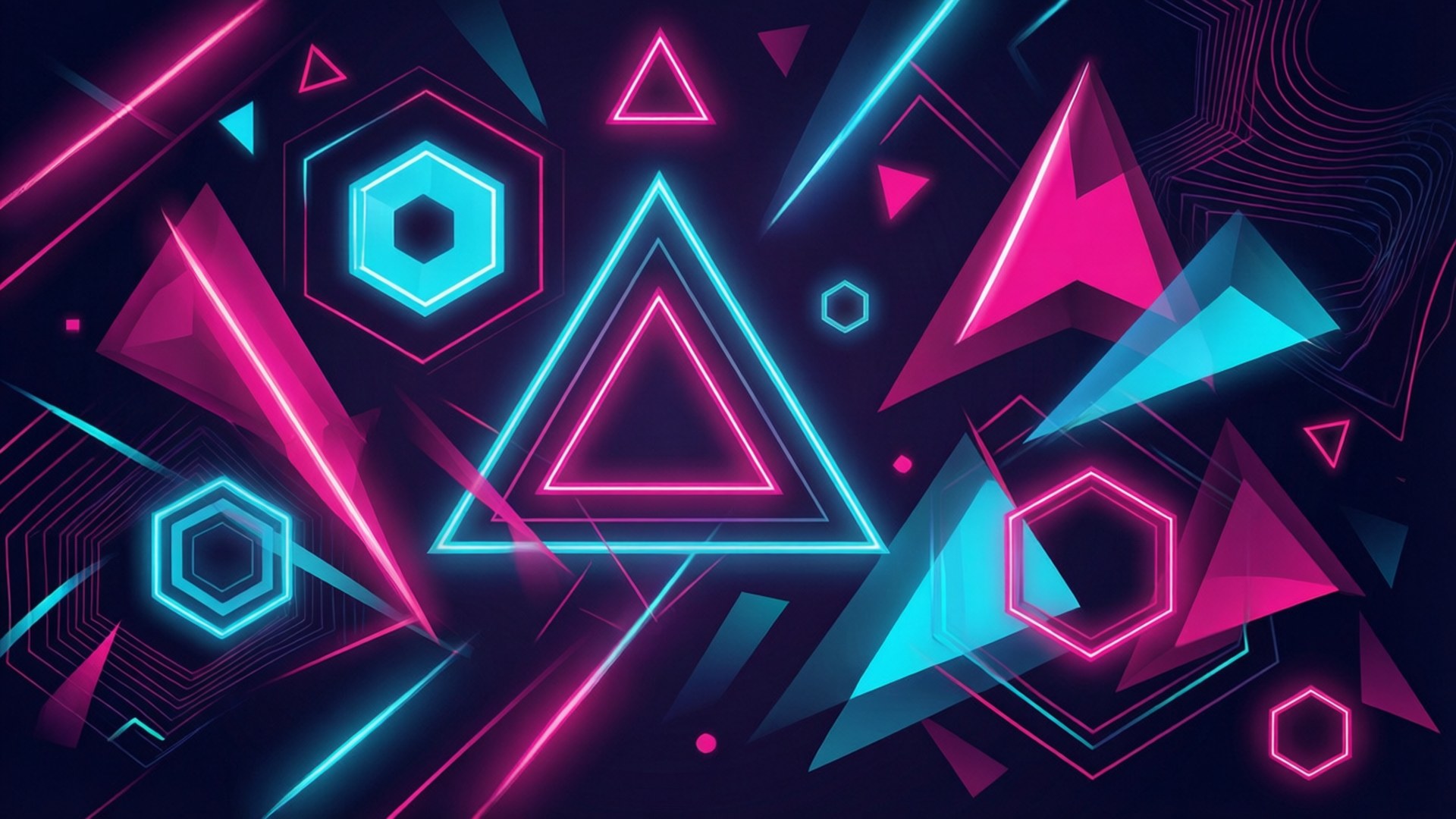 Neon Geometric Gaming 壁紙 — 充滿活力的螢光粉紅和青色幾何形狀在深色背景上動態漂浮。