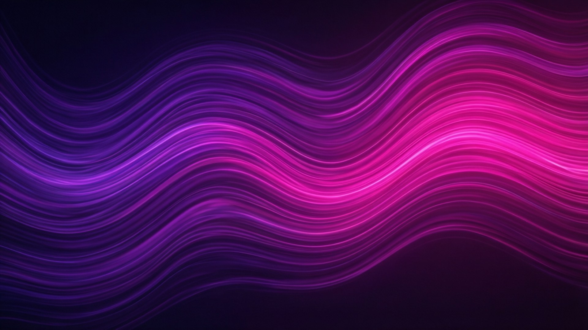 Neon Purple Wave Stripes 壁紙 — 充滿活力的霓虹粉紅和紫色發光波浪線條在黑暗背景上流動，形成平滑的數位抽象圖案。