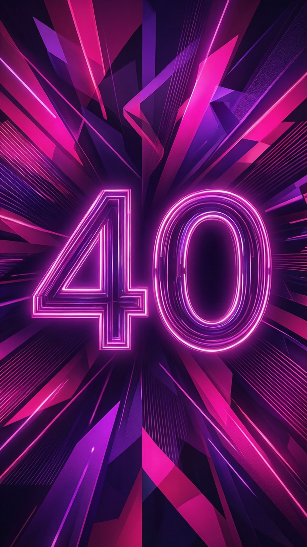 40th Birthday 桌布 壁紙 — 充滿活力的霓虹粉紅和紫色數字40在帶有尖銳角狀碎片的動態幾何背景上發光。