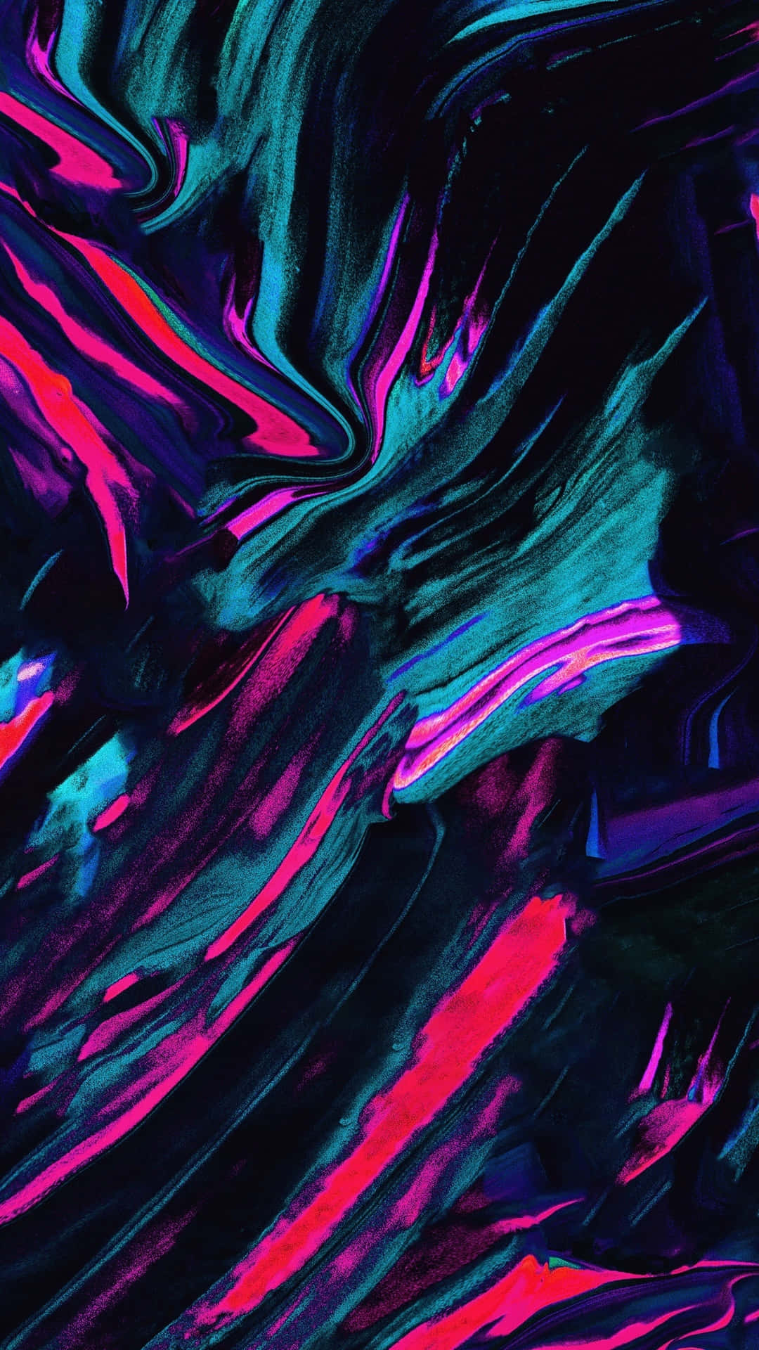  壁紙 — 充滿活力的螢光粉紅和藍綠色液體漩渦在深黑色背景上動態流動，形成數位抽象構圖。
