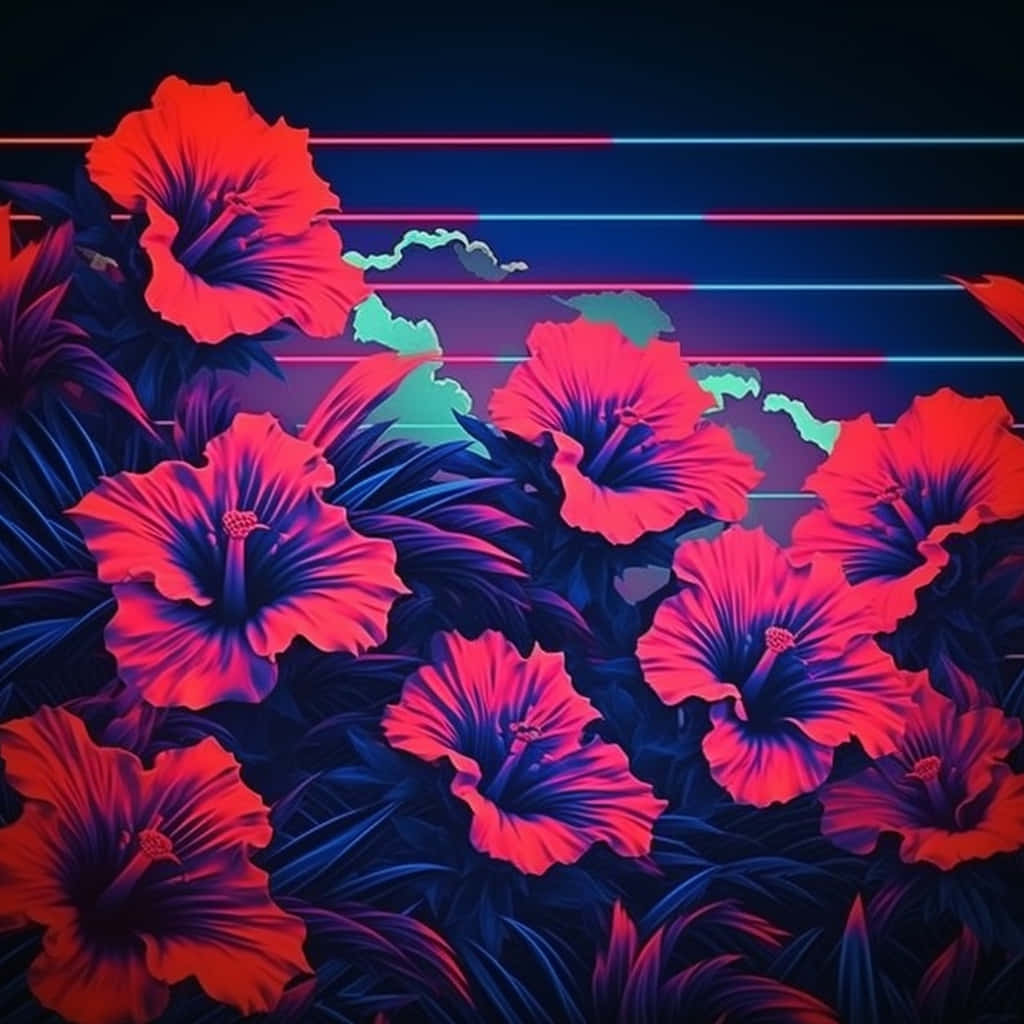  壁紙 — 充滿活力的螢光粉紅色木槿花在黑暗的天空中綻放，天空中有發光的紅色和藍色雷射線條以及藍綠色雲彩。