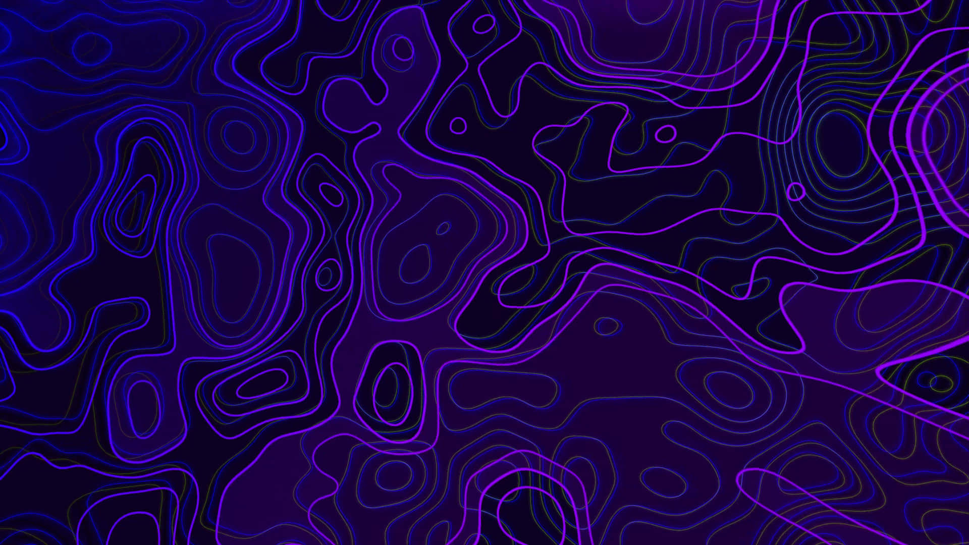  壁紙 — 充滿活力的霓虹紫色和藍色輪廓線在黑暗背景上流動，形成催眠般的數位圖案。