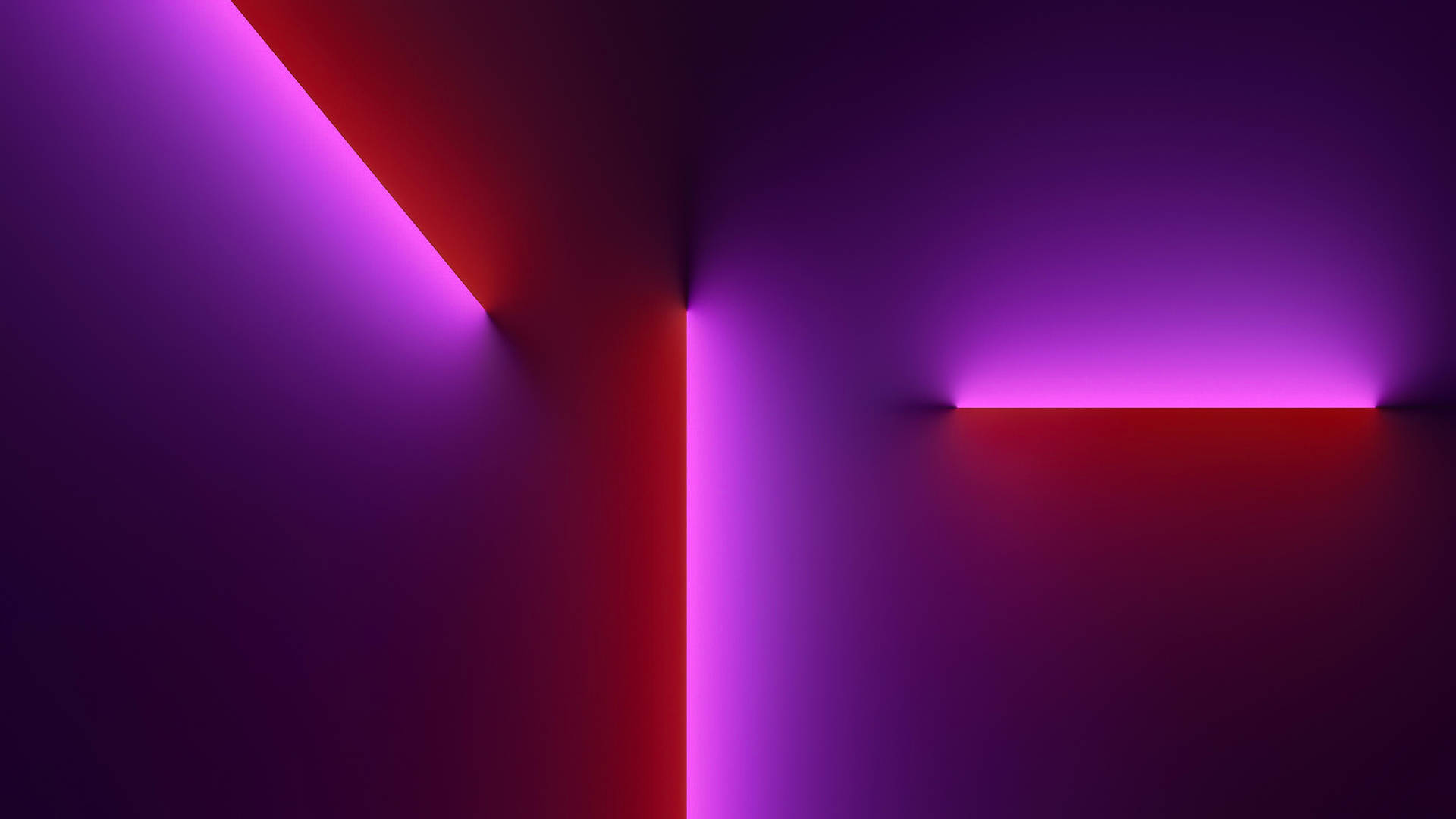 在黑暗幾何空間中的抽象霓虹紫色和紅色燈條。 — iPhone 11 壁紙