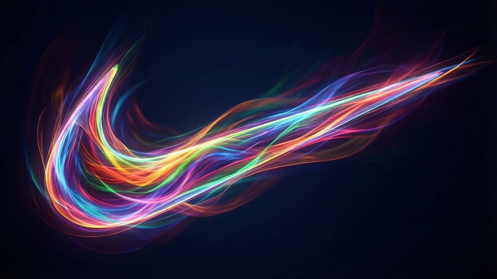 Abstract Swoosh Art 壁紙 — 一個充滿活力的霓虹彩虹勾號標誌在深藍色背景上動態流動。
