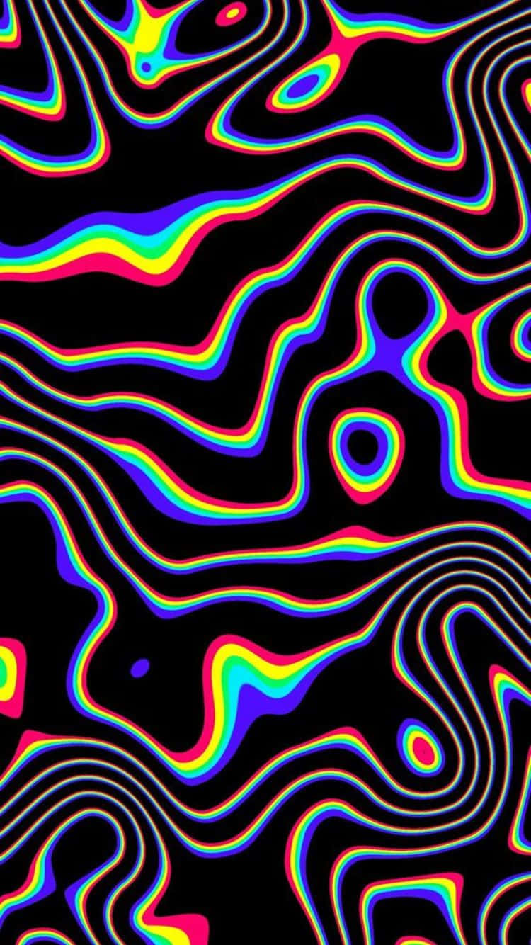  壁紙 — 充滿活力的霓虹彩虹波浪在黑色背景上以催眠的數位圖案漣漪。