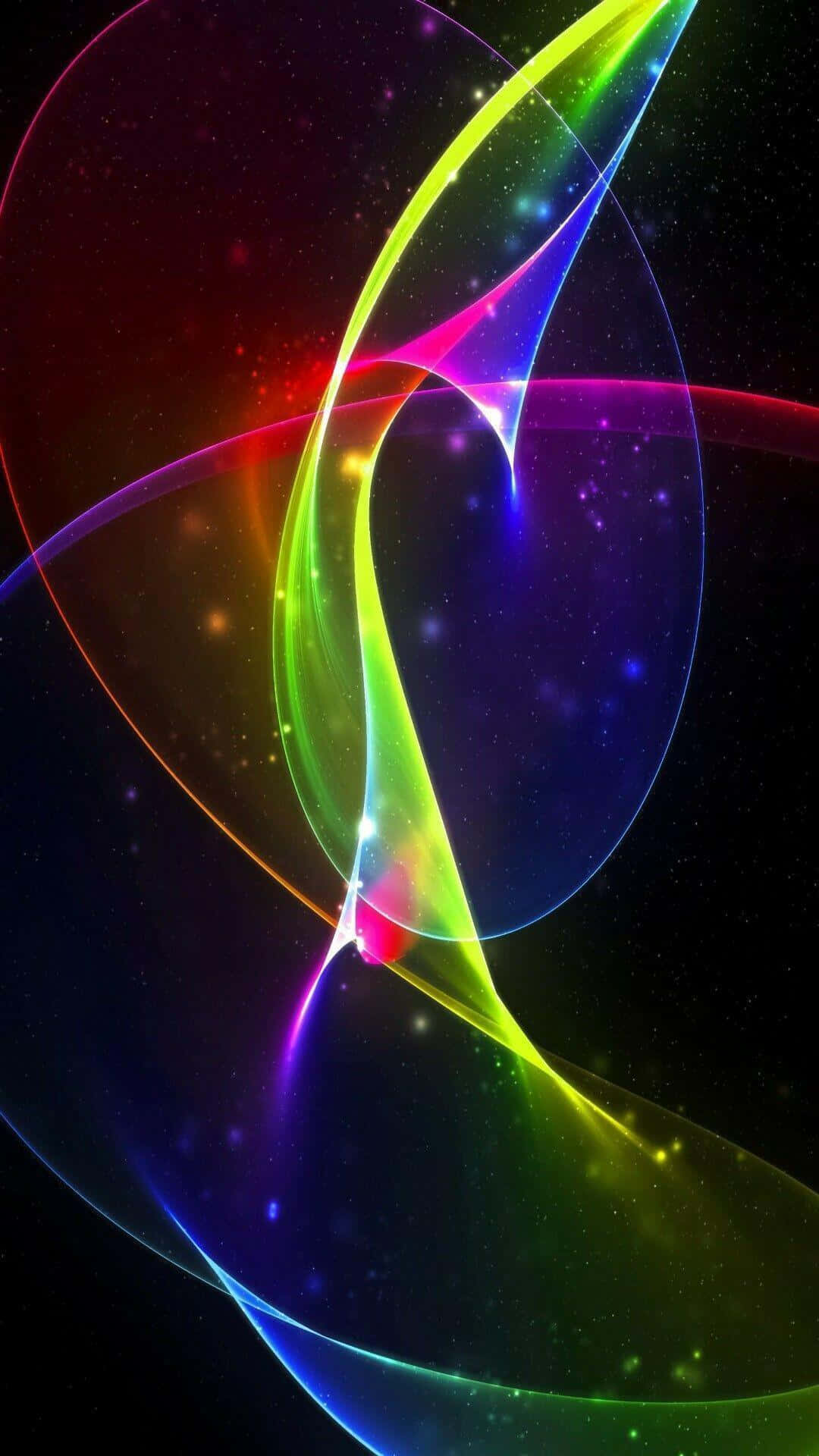  壁紙 — 充滿活力的霓虹絲帶在繁星點點的宇宙背景下動態旋轉，並帶有發光粒子。