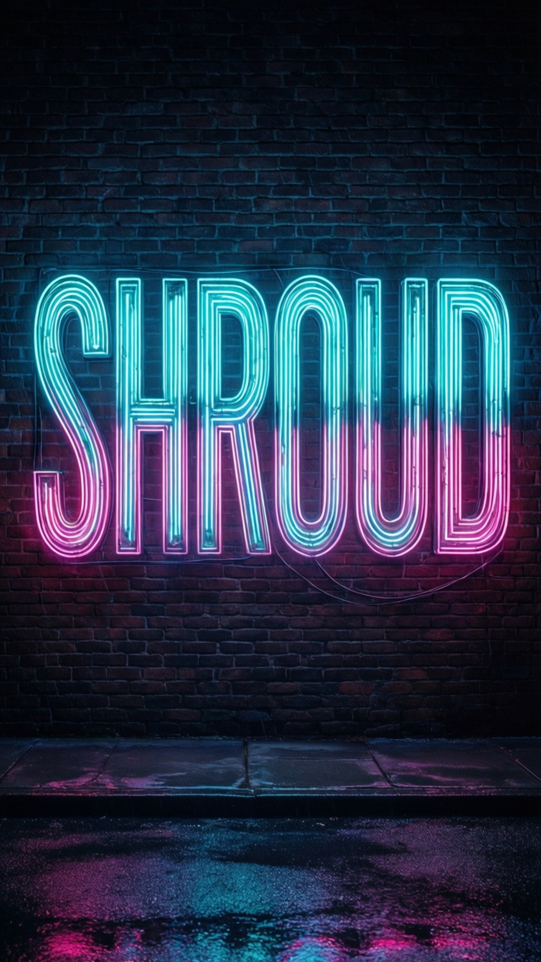 Shroud 桌布 壁紙 — 鮮豔的霓虹燈牌拼出SHROUD，在深色磚牆和下方潮濕的人行道上以藍色和粉紅色漸變發光。