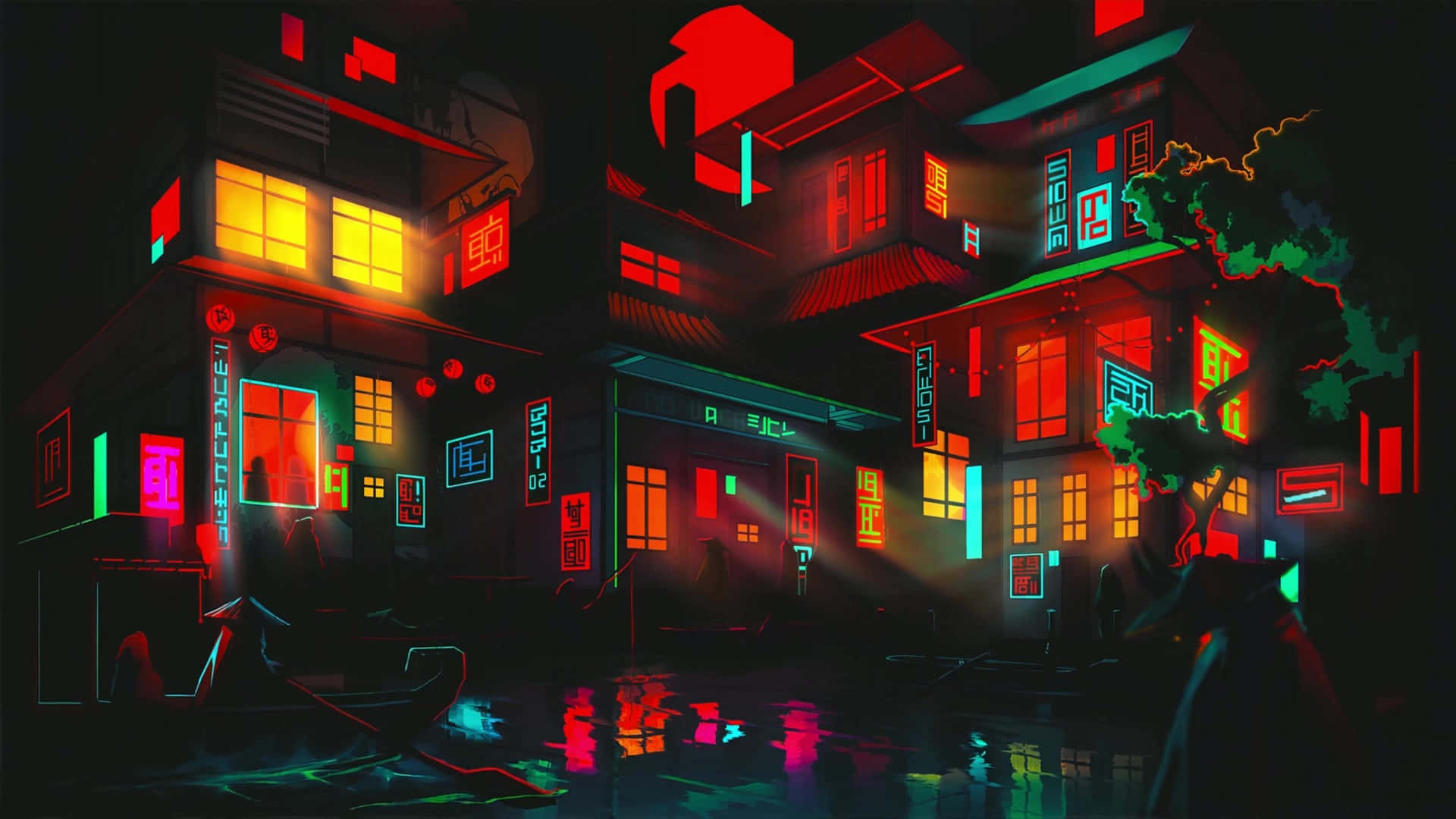 Neon House 桌布 壁紙 — 充滿活力的霓虹燈在夜晚的賽博龐克日本城市濕漉漉的街道上閃耀，倒映在水坑中。