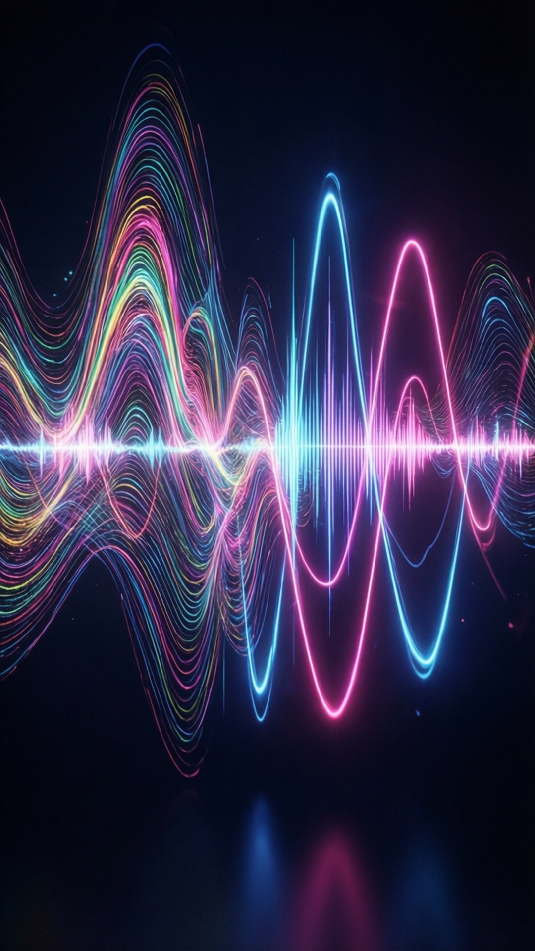 Neon Frequencies 壁紙 — 充滿活力的霓虹聲波線條，以粉紅、藍色和黃色在黑暗背景上波動，下方有發光反射。