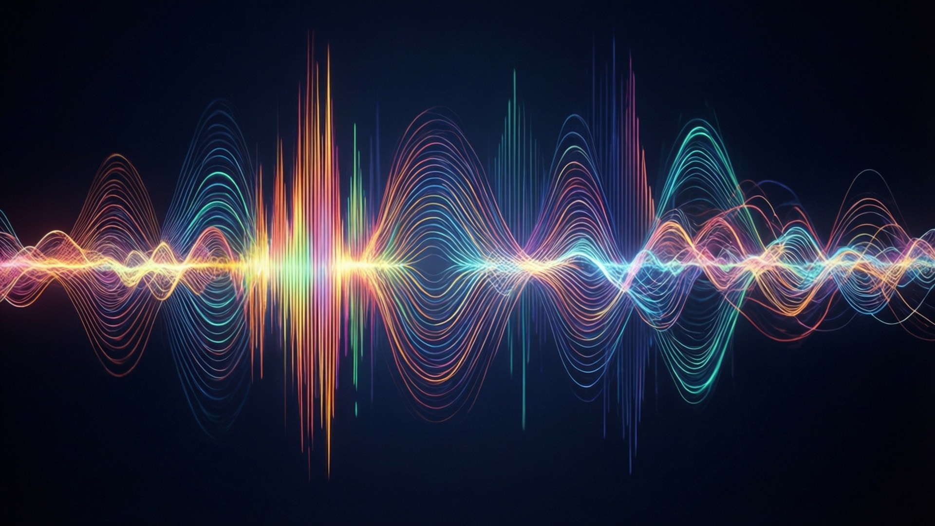 Sound Wave 壁紙 — 充滿活力的霓虹聲波線條在黑暗背景上以對稱的數位圖案脈動和漣漪。
