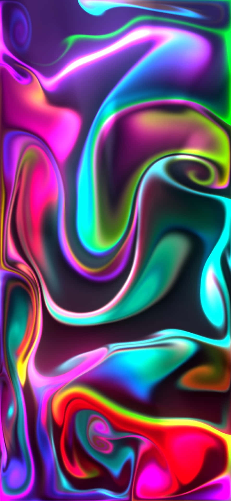 壁紙 — 鮮豔的霓虹色彩在深色背景上以光澤液體運動旋轉，營造出迷幻的數位抽象效果。