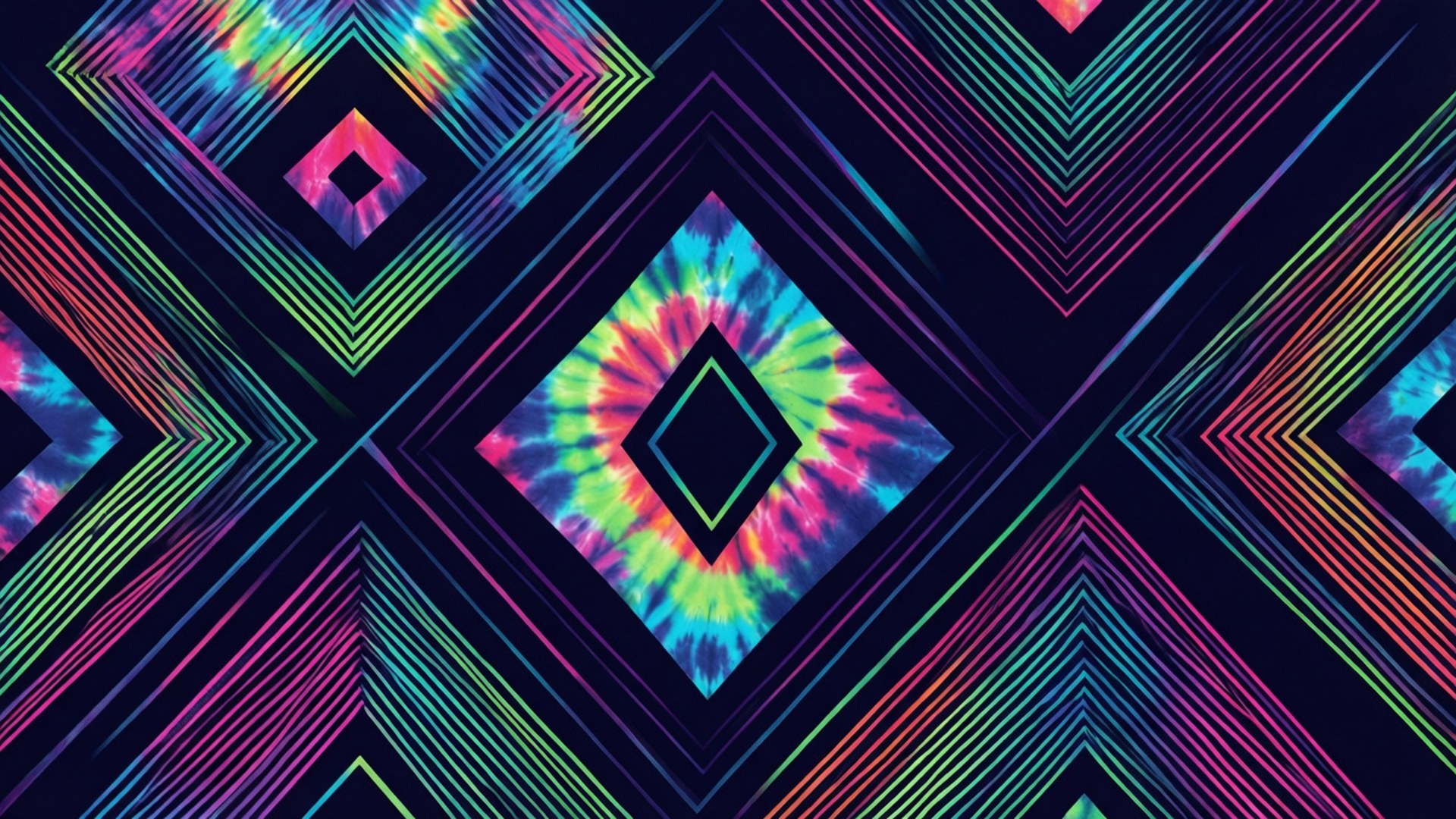 Tie Dye Geometric 壁紙 — 充滿活力的霓虹紮染圖案從鑽石中心向黑暗背景輻射。