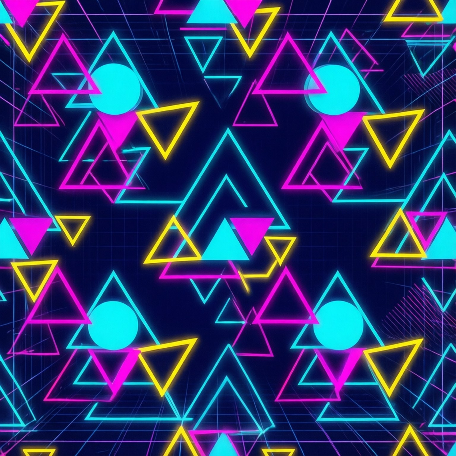 Neon Geometry 壁紙 — 充滿活力的霓虹三角形和圓形在深色網格背景上發光，呈現復古未來主義的數位圖案。