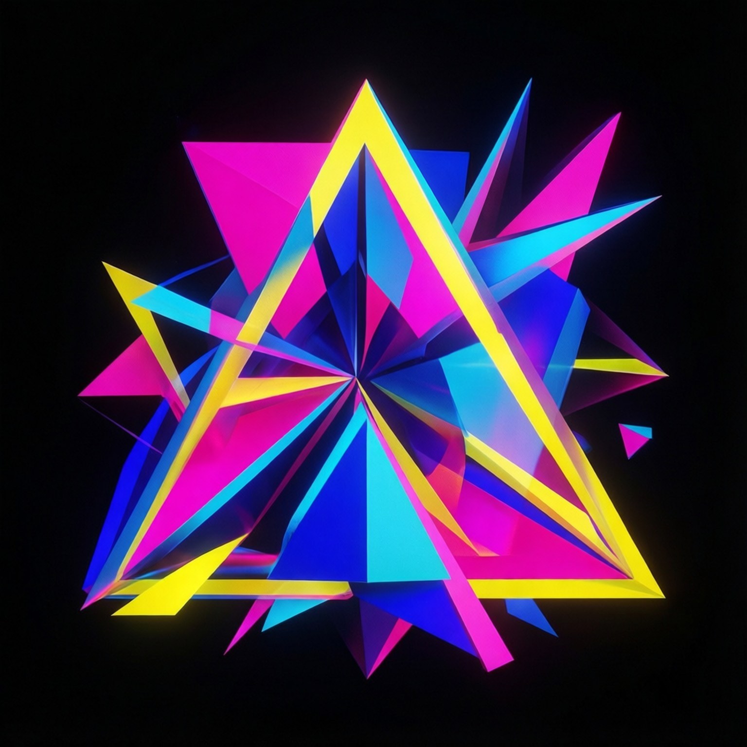Geometric Abstract 壁紙 — 充滿活力的霓虹三角形（粉紅、藍、黃）在黑色背景上爆炸，形成動態的幾何爆發。