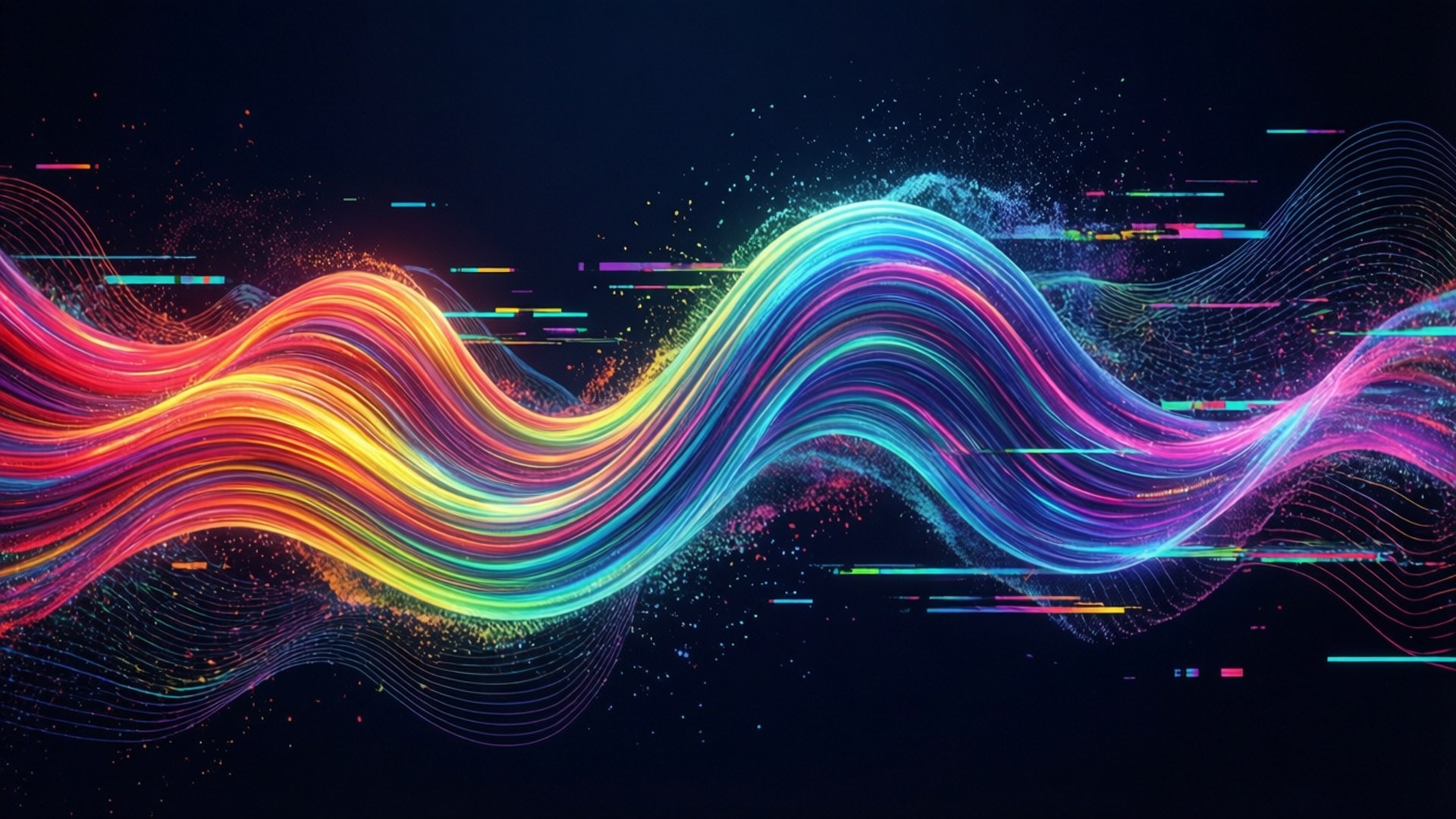 Spectrum 桌布 壁紙 — 充滿活力的霓虹光波在黑暗的數位虛空中蕩漾，帶有故障效果和粒子爆發。