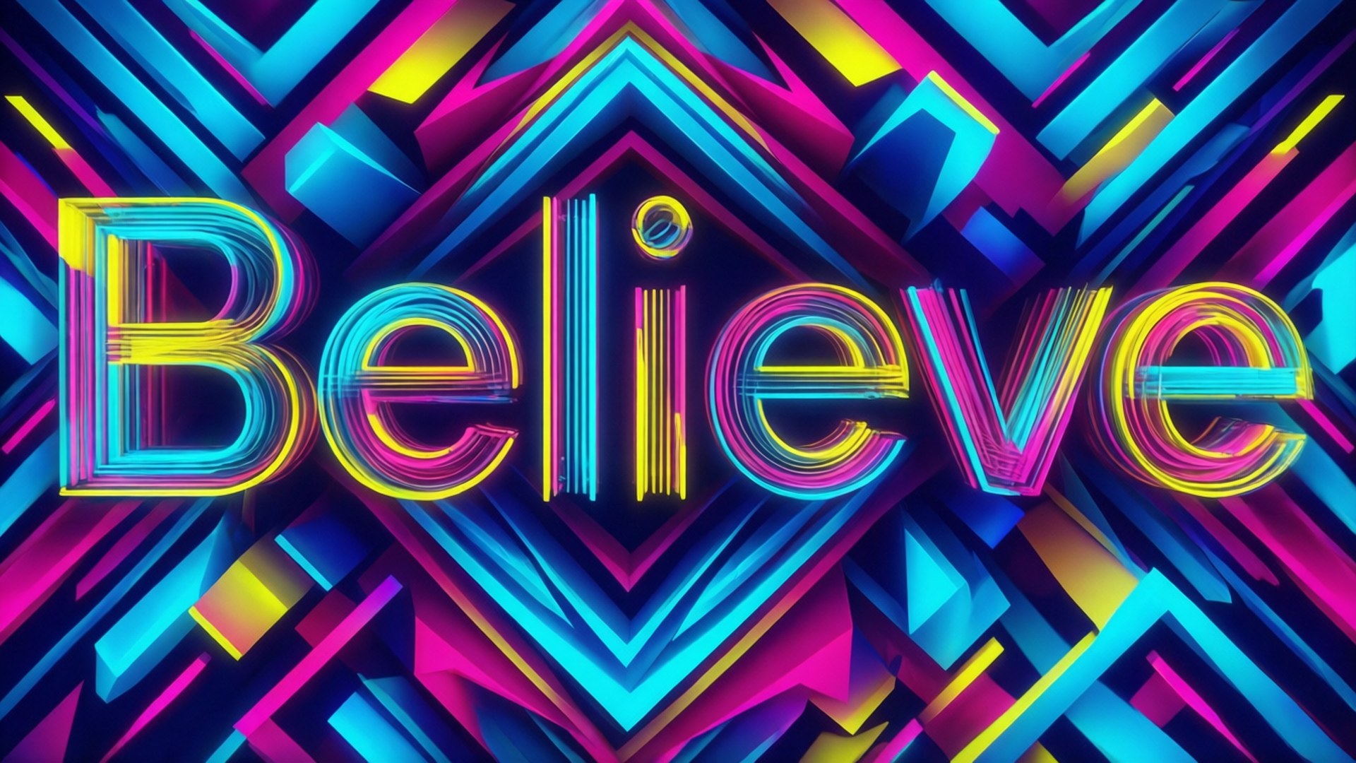 believe 桌布 壁紙 — 充滿活力的霓虹燈字 'Believe' 在由銳利藍色、粉紅色和黃色形狀組成的幾何圖案中閃耀。