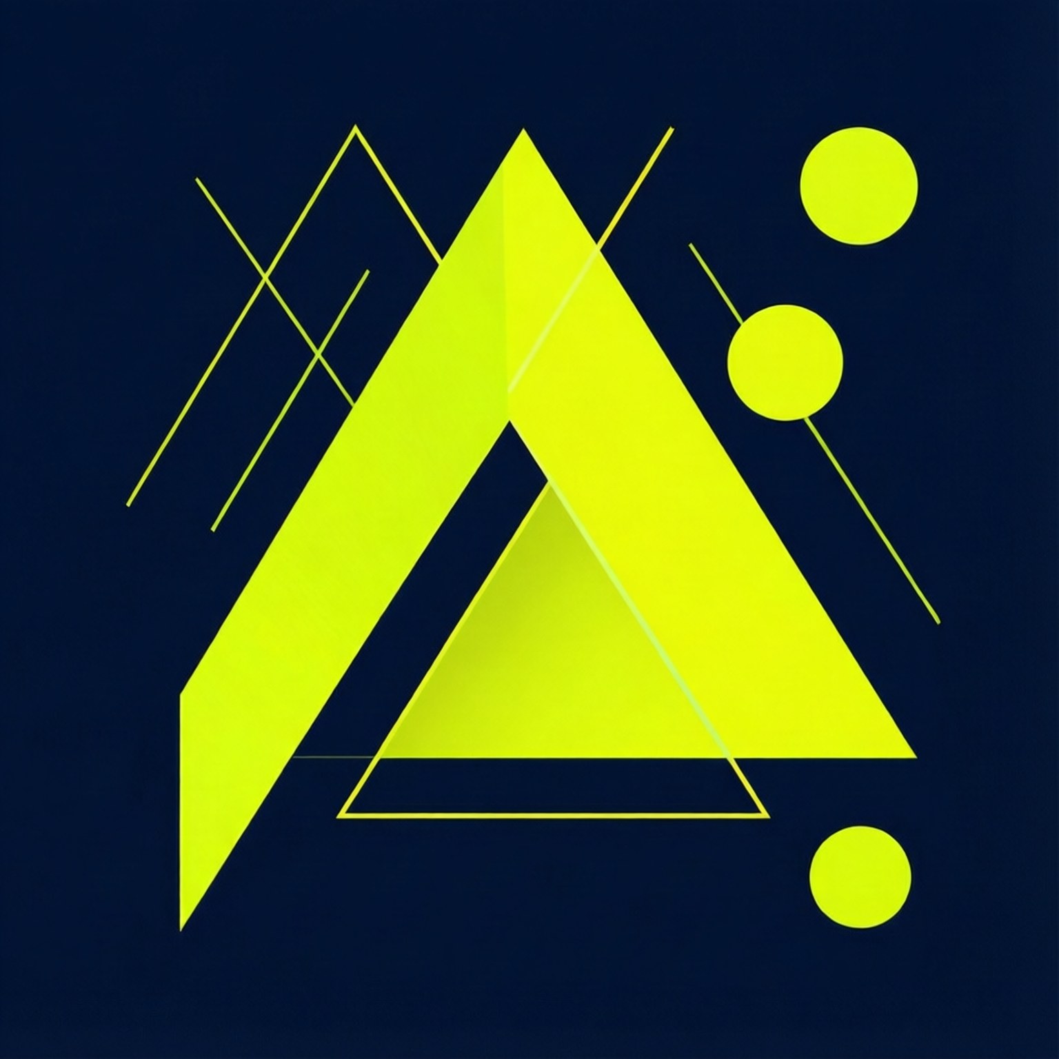 Neon Yellow Geometric Abstraction 壁紙 — 充滿活力的螢光黃色幾何形狀，包括三角形和圓形，與深海軍藍背景形成鮮明對比。