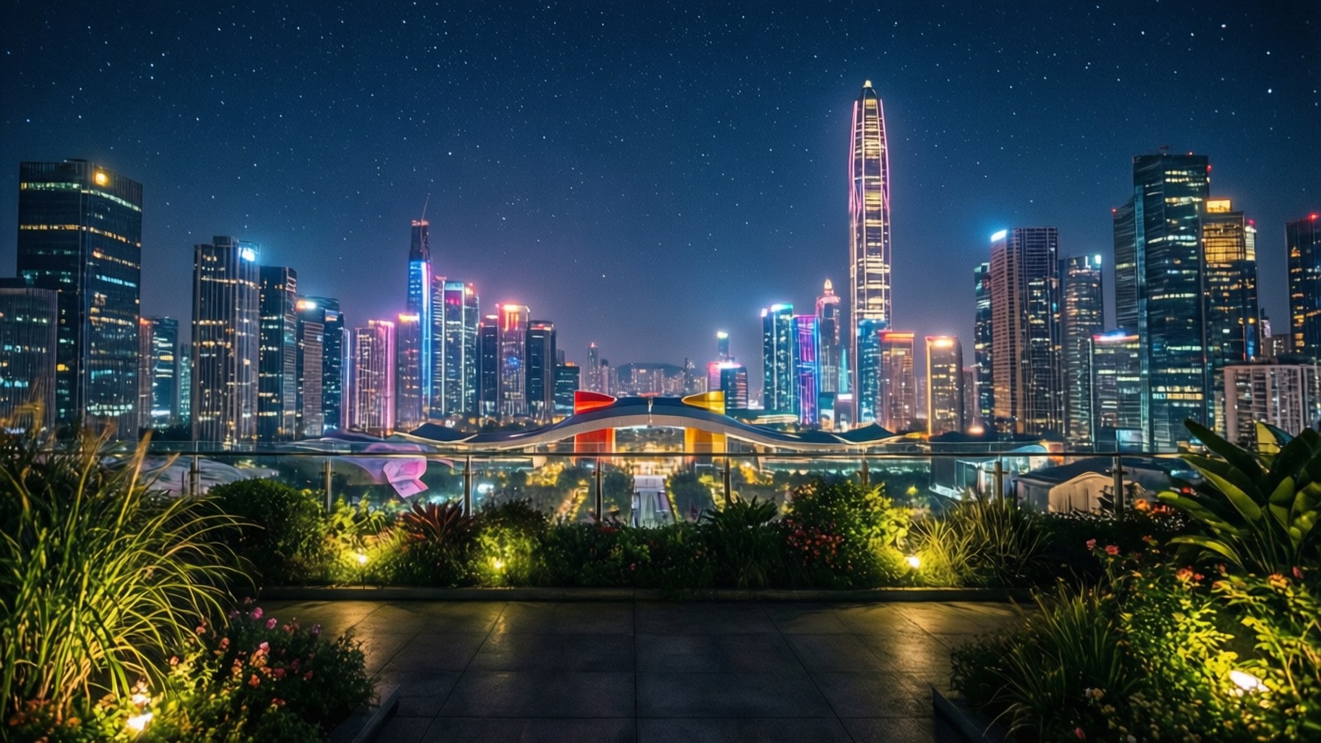 展望 桌布 壁紙 — 從燈光明亮的花園露台觀賞，星空下閃爍的摩天大樓構成的充滿活力的夜景。