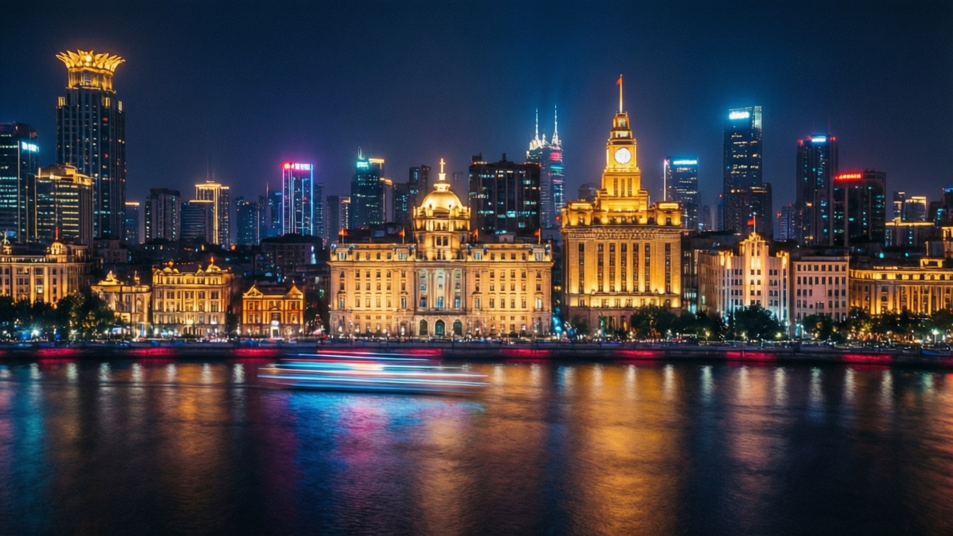 Neon Bund Nightscape 壁紙 — 充滿活力的夜景城市景觀，歷史和現代建築燈火通明，倒映在河面上，還有船隻經過留下的光跡。