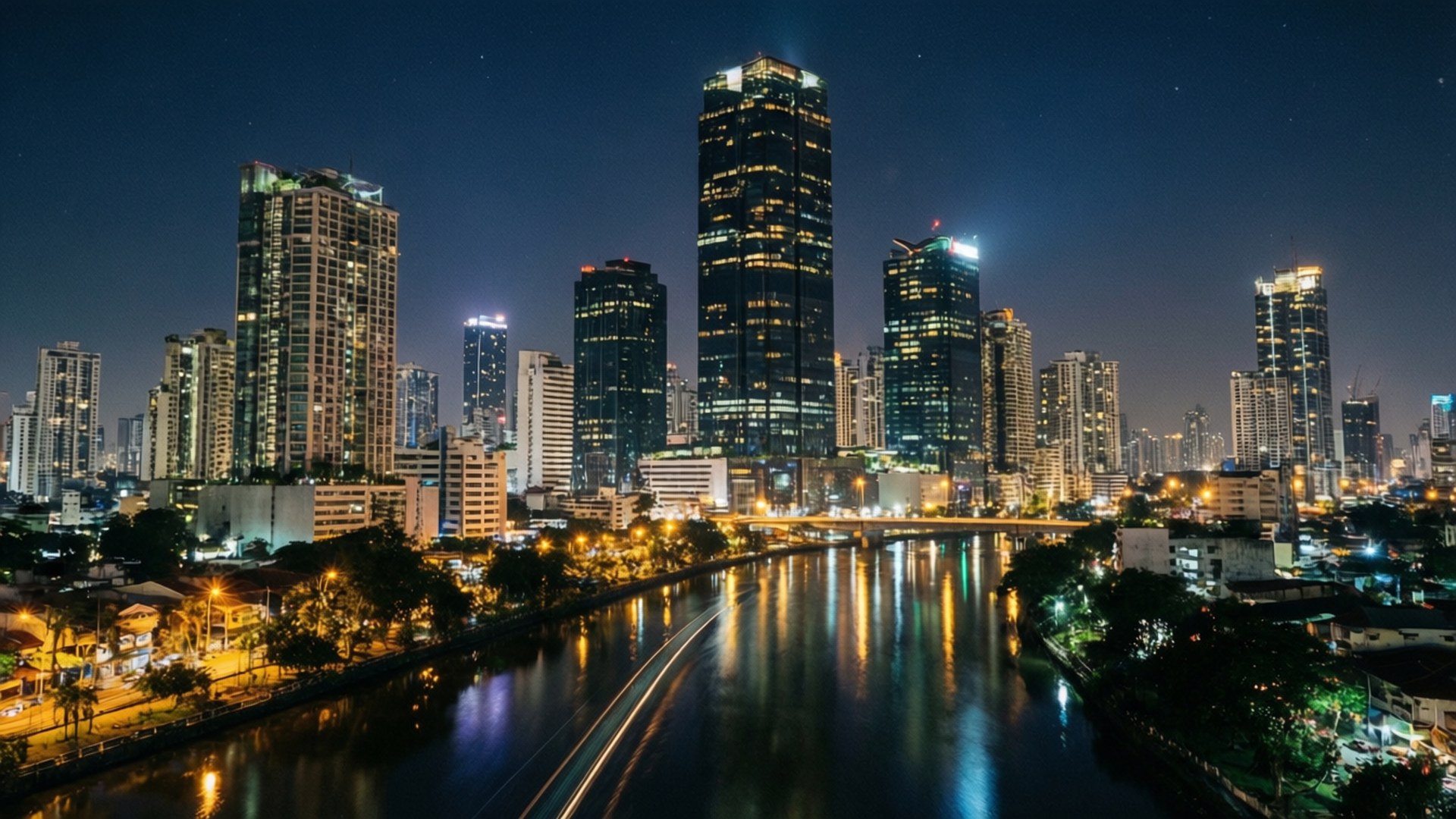Manila City Lights 壁紙 — 充滿活力的夜間城市景觀，高聳的摩天大樓在星空下蜿蜒的河流上反射出金色的燈光。