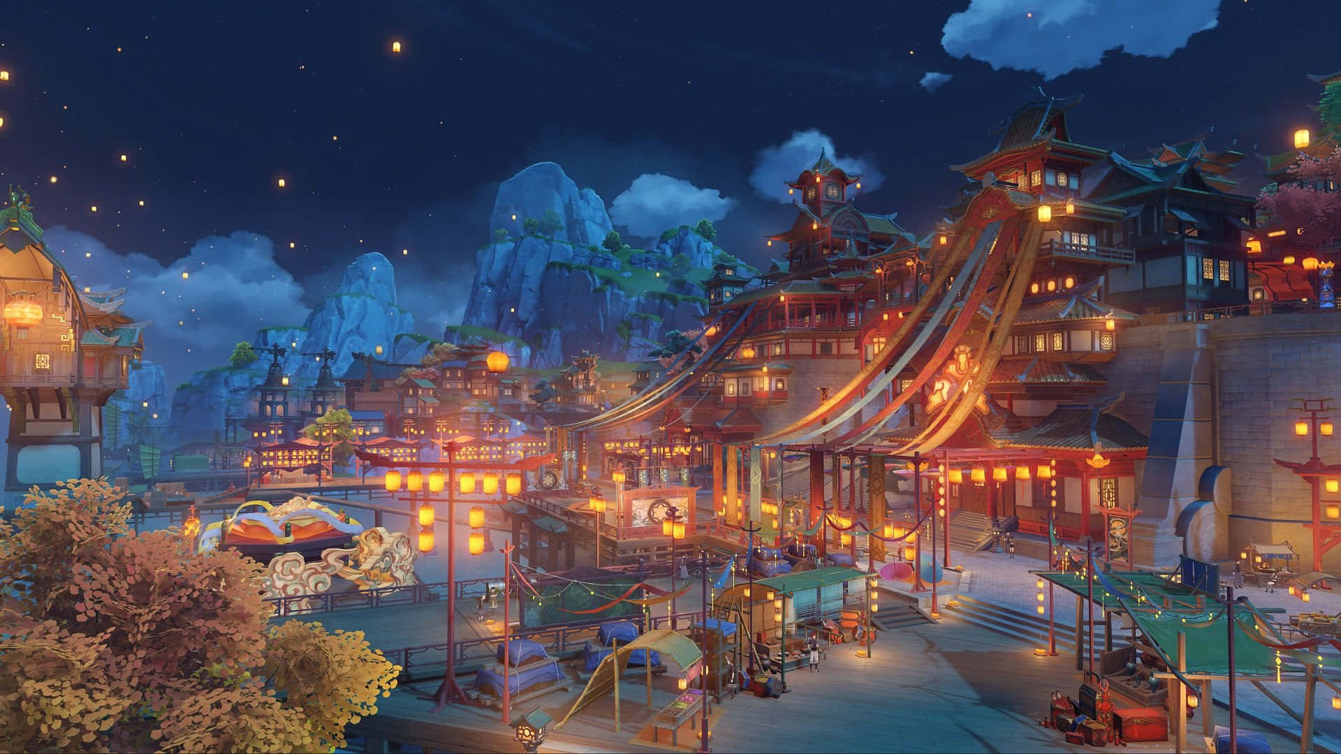  壁紙 — 一個充滿活力的夜景，描繪一個漂浮的、燈籠照亮的亞洲風格村莊，依偎在發光的山脈旁，星空璀璨。