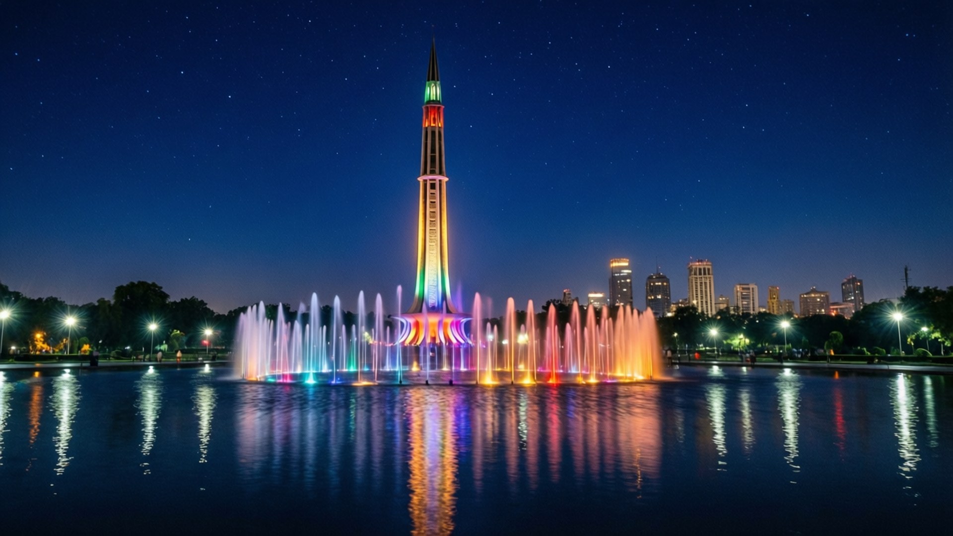 Minar-e-Pakistan Night Glow 壁紙 — 充滿活力的夜間噴泉，彩虹燈光映照在平靜的水面上，星空下，背景是高聳的照明塔和城市天際線。