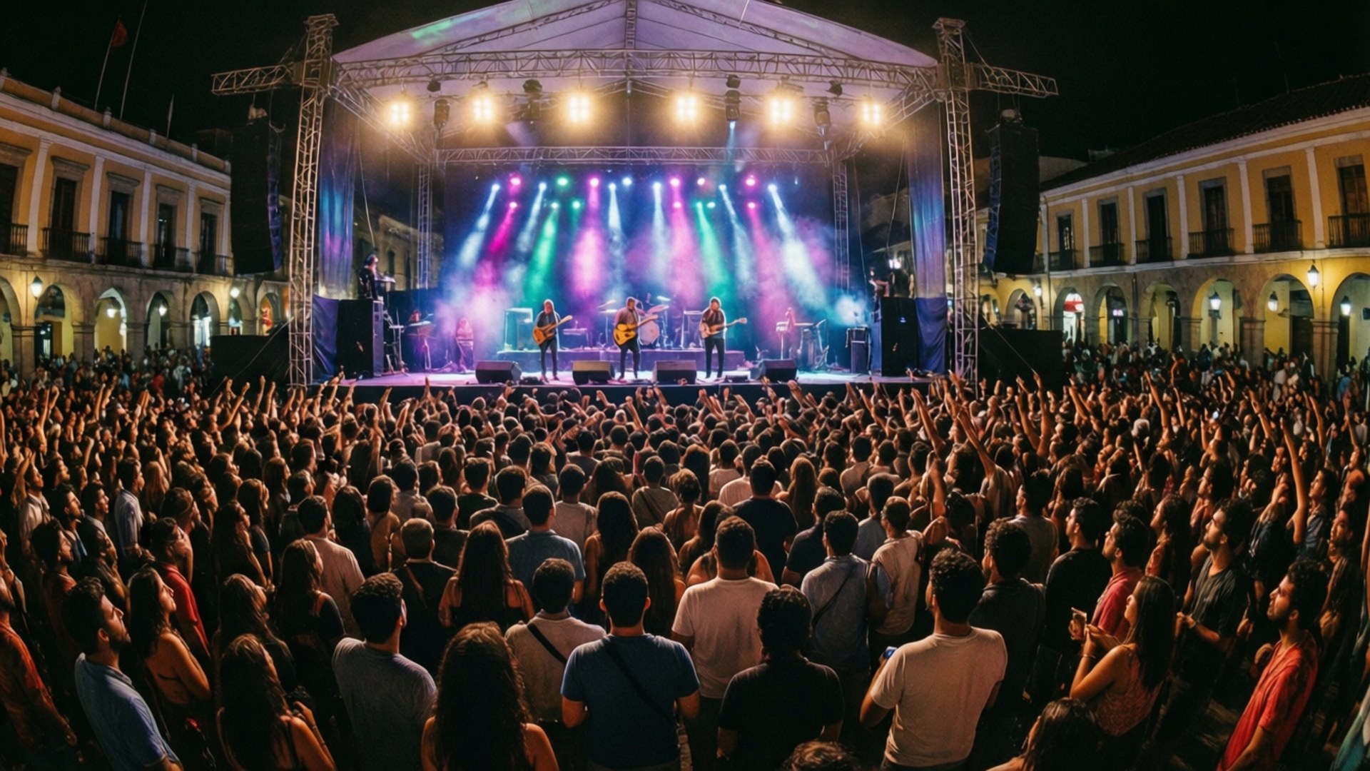 Plaza Mayor Concert 壁紙 — 一個充滿活力的夜間戶外音樂會，樂隊在五彩繽紛的舞台燈光下為擁擠的人群演奏。