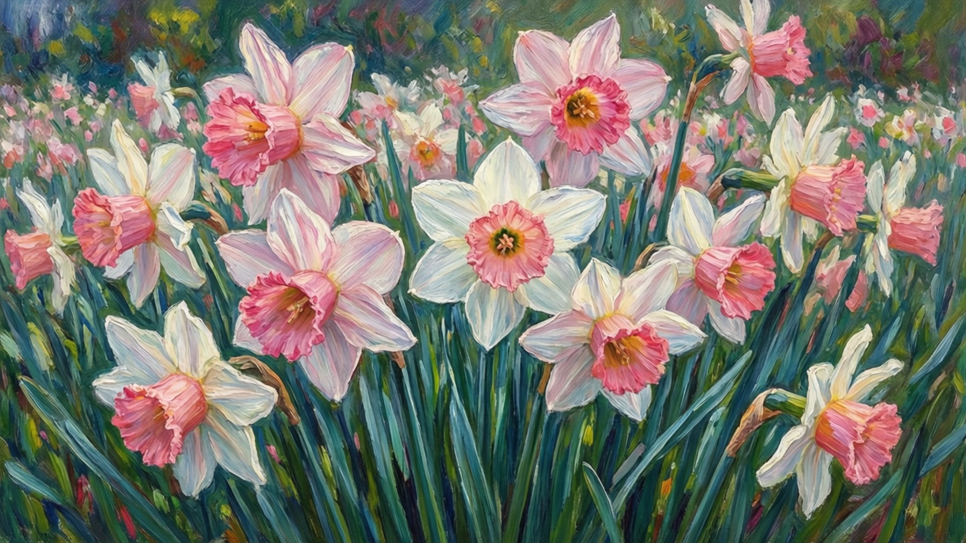 Impressionist Field 壁紙 — 一幅充滿活力的油畫，描繪粉紅色和白色的水仙花在茂密的綠色田野中盛開，沐浴在明亮的陽光下。