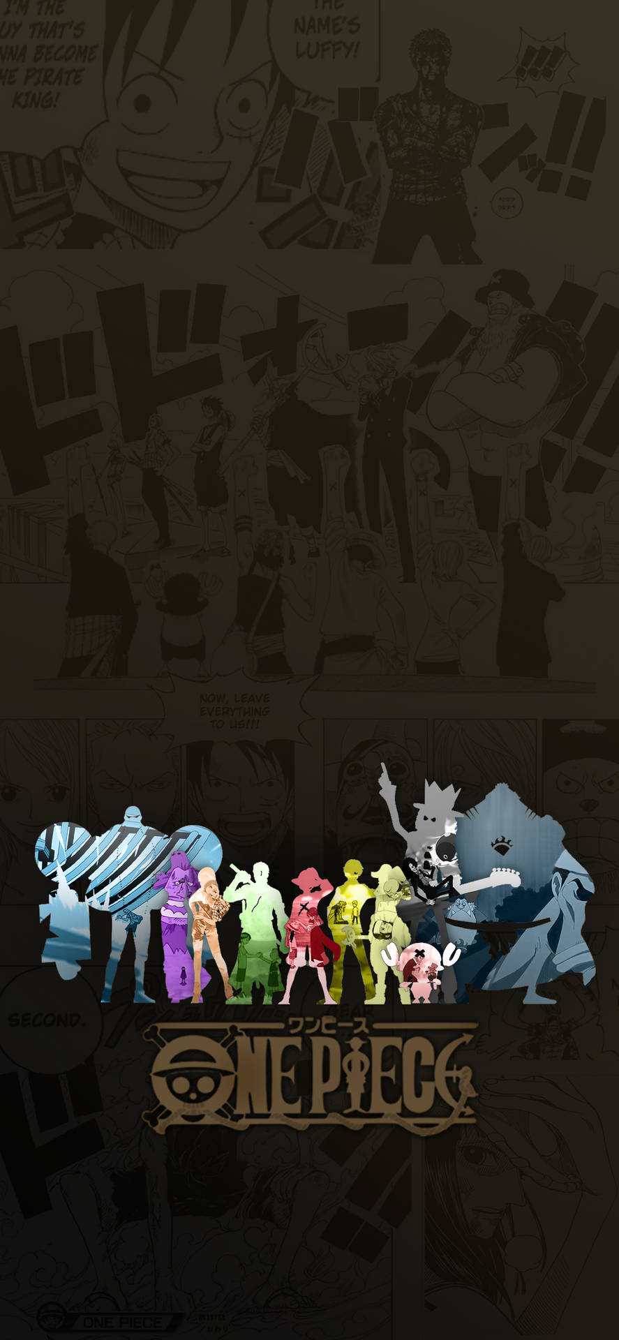 《One Piece》動畫船員以彩色剪影呈現，背景為漫畫面板。 — 海賊王 iPhone 壁紙 壁紙
