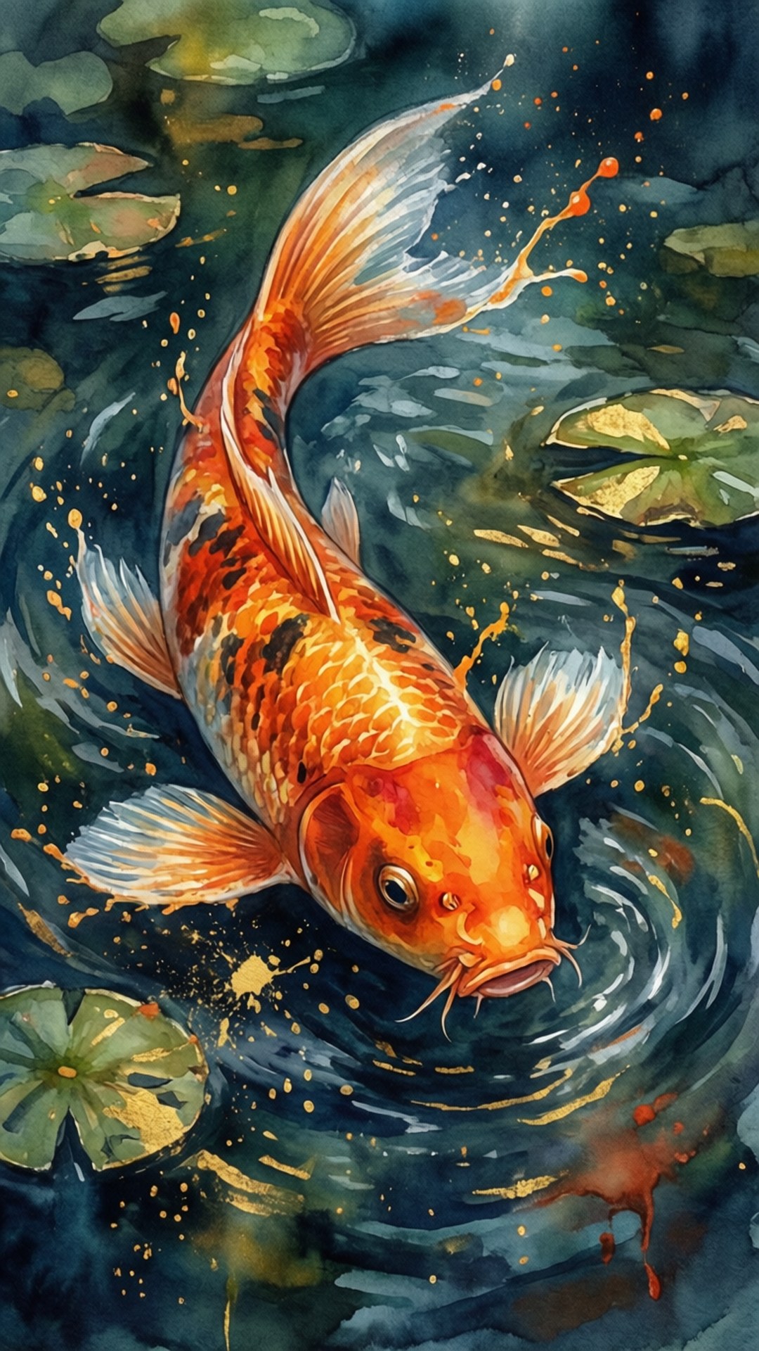 Watercolor Koi Fish 壁紙 — 一條鮮豔的橙色和黑色錦鯉跳過黑暗的水面，在睡蓮周圍濺起金色的水滴。