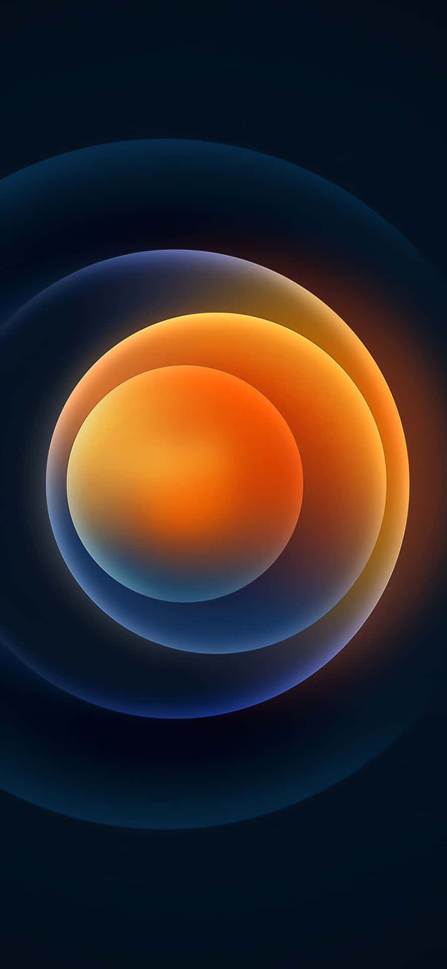 在黑暗的宇宙背景下，橙色和藍色的嵌套發光球體 — iPhone 13 壁紙