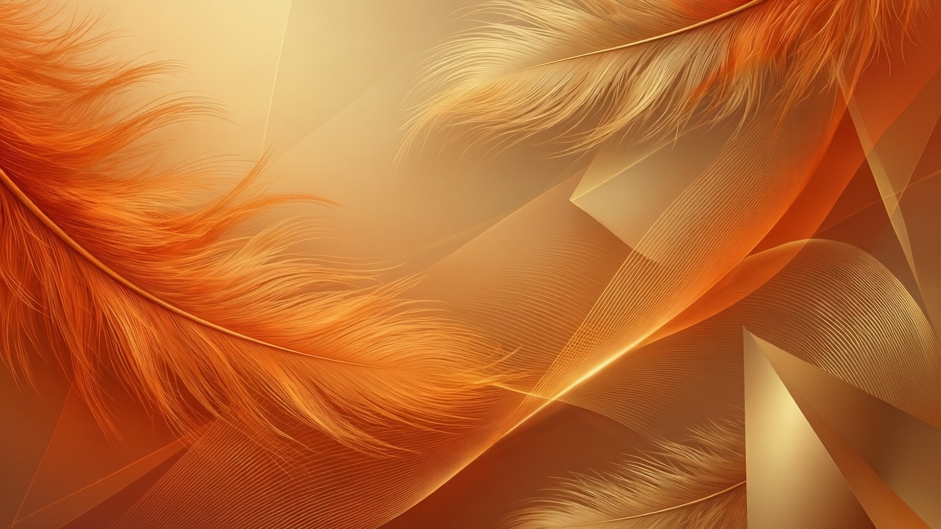 Warm Abstract Gratitude 壁紙 — 充滿活力的橙色和金色羽毛在溫暖的漸變背景上優雅地流動，帶有幾何光線條紋。
